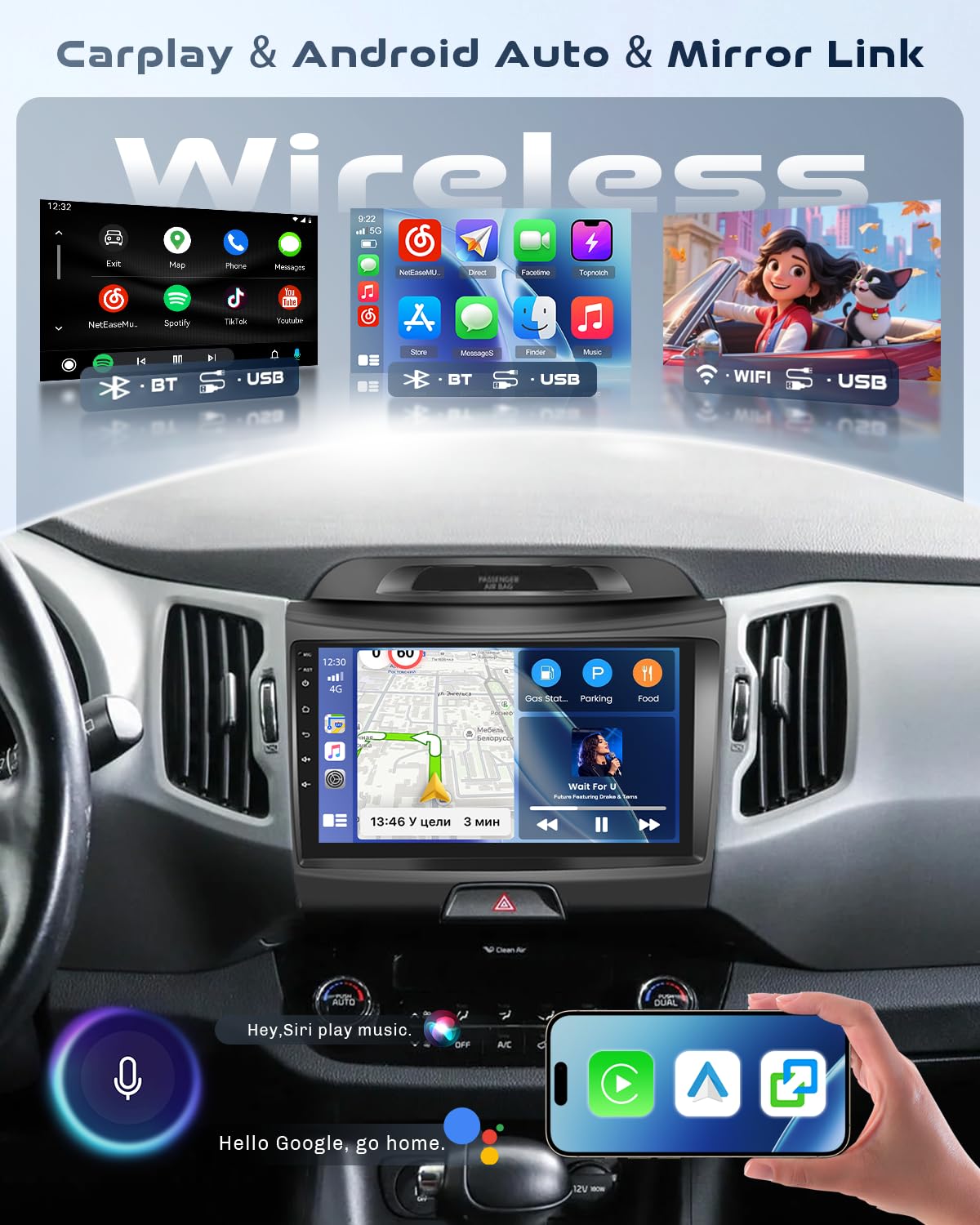 Roinvou Radio samochodowe do Kia sportage 2010-2016 bezprzewodowy odtwarzacz CarPlay Android Auto MirrorLink, 9-calowy ekran dotykowy radia z Bluetooth EQ FM UI SWC Kamera cofania