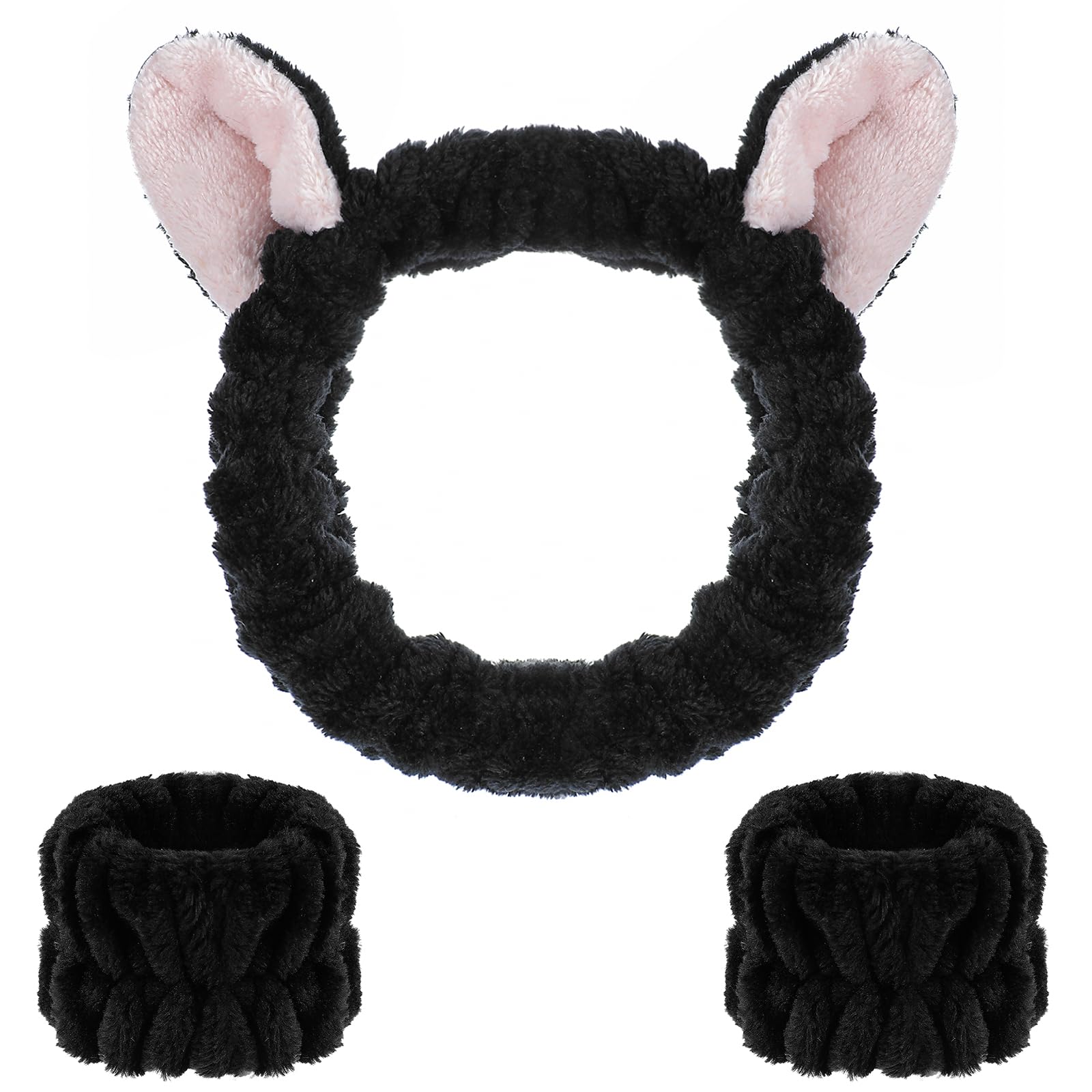 Set Bellezza 3 Pezzi: Fascia Orecchie Gatto E Bracciali In Microfibra Per Lavaggio Viso - Morbido, Assorbente, Elastico