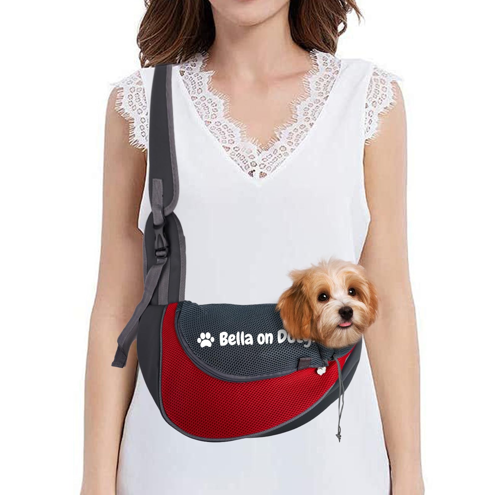 Personalized Dog Carrier Sling with Name Embroidery, Adjustable Pet Carry Bag with Safety Hook & Extra Wide Shoulder Strap, Custom Dog Carrier Pouch for Small Dogs/Cats (Red, L)