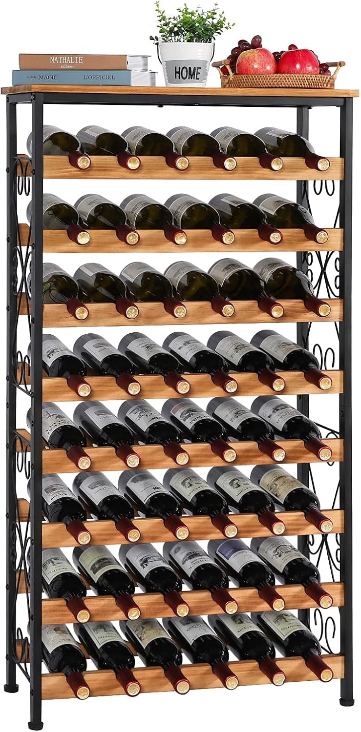 48 Bottles Floor Wine Rack with Wood Top, Freestanding Wine