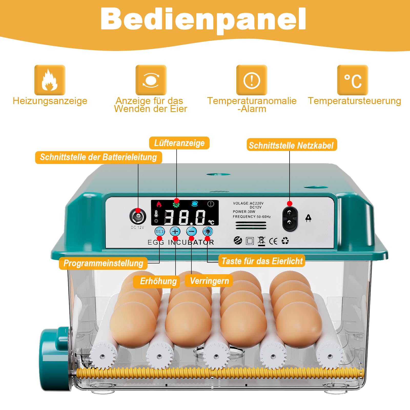 CoInceptus Brutautomat Vollautomatisch, Inkubator Hühner 12-16 Eier mit Automatischem Eierwenden und Automatischer Wasserzugabe, Brutkasten Hühner für Hühnereier, Wachtel und Enteneier