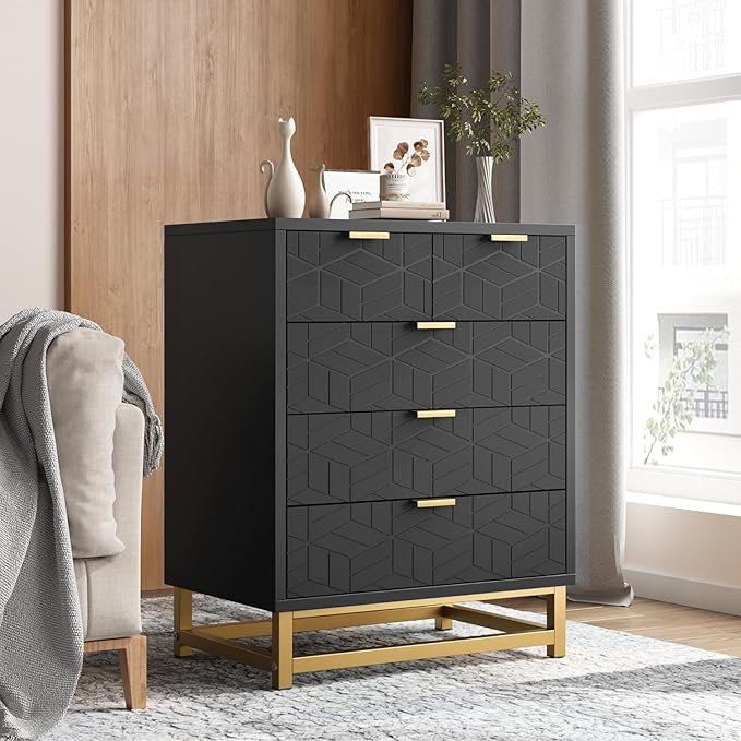 Black 5 Drawer Dresser for Bedroom, Chest of Drawers with