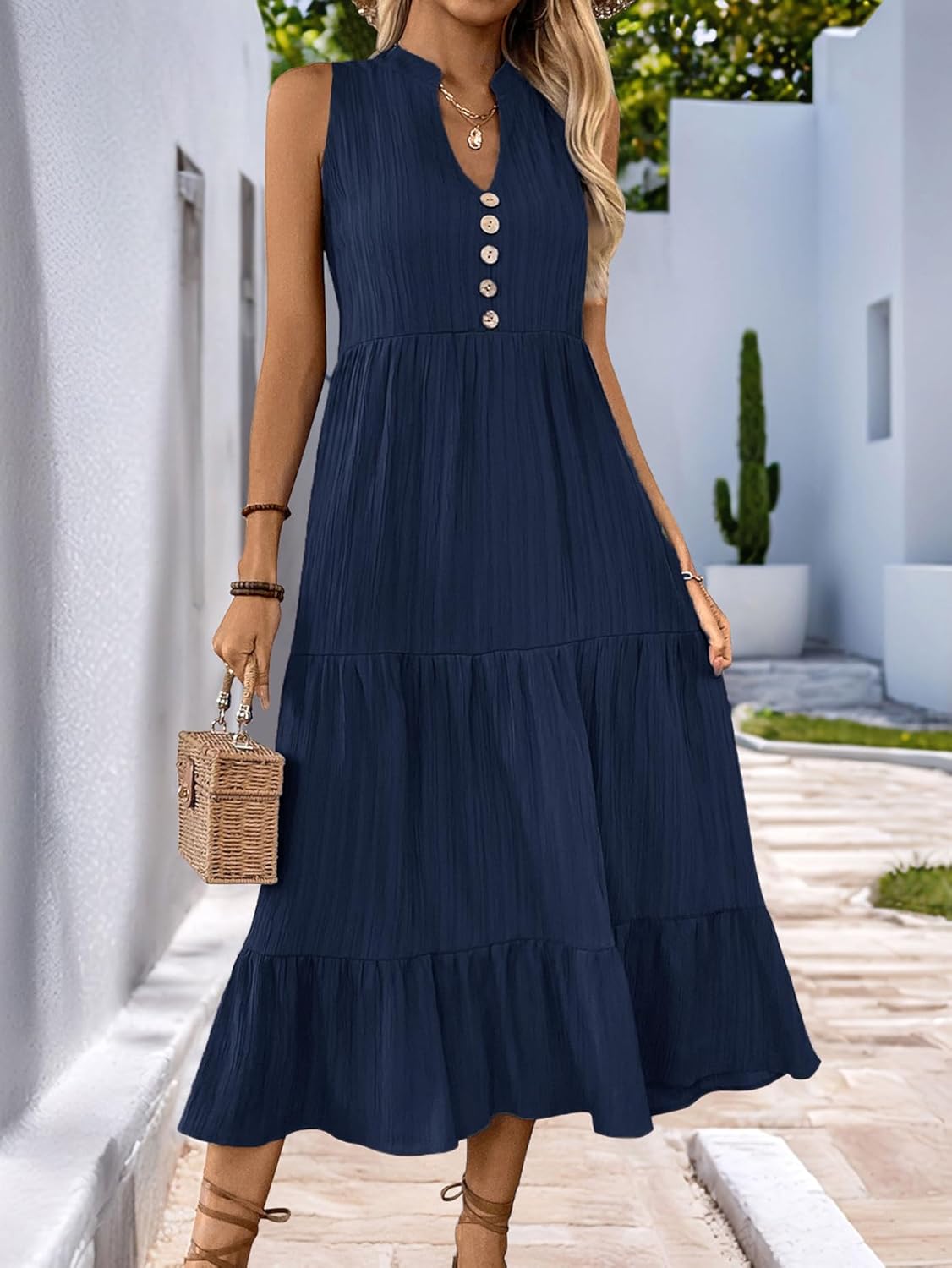 HELYO Women's Casual Summer Dress 2026 Sleeveless V Neck Button Beach Sundress Tiered Ruffle Flows Skirt Midi Dresses - Image 5