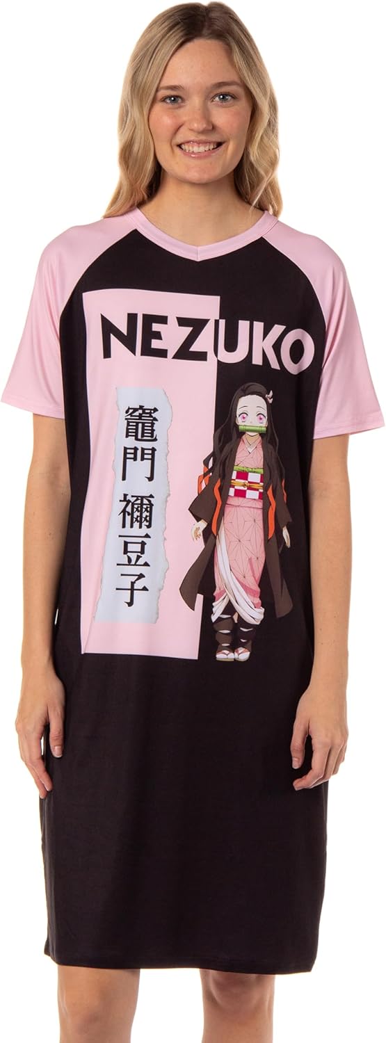 Bioworld Demon Slayer Women's Nezuko Kamado Anime Character Pajama Sleep Shirt Raglan Nightgown