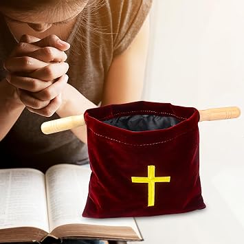 Klmnop Velvet Church Offering Bag, Offering Bag with Wooden Handles for Churches Communion Supplies(Red)