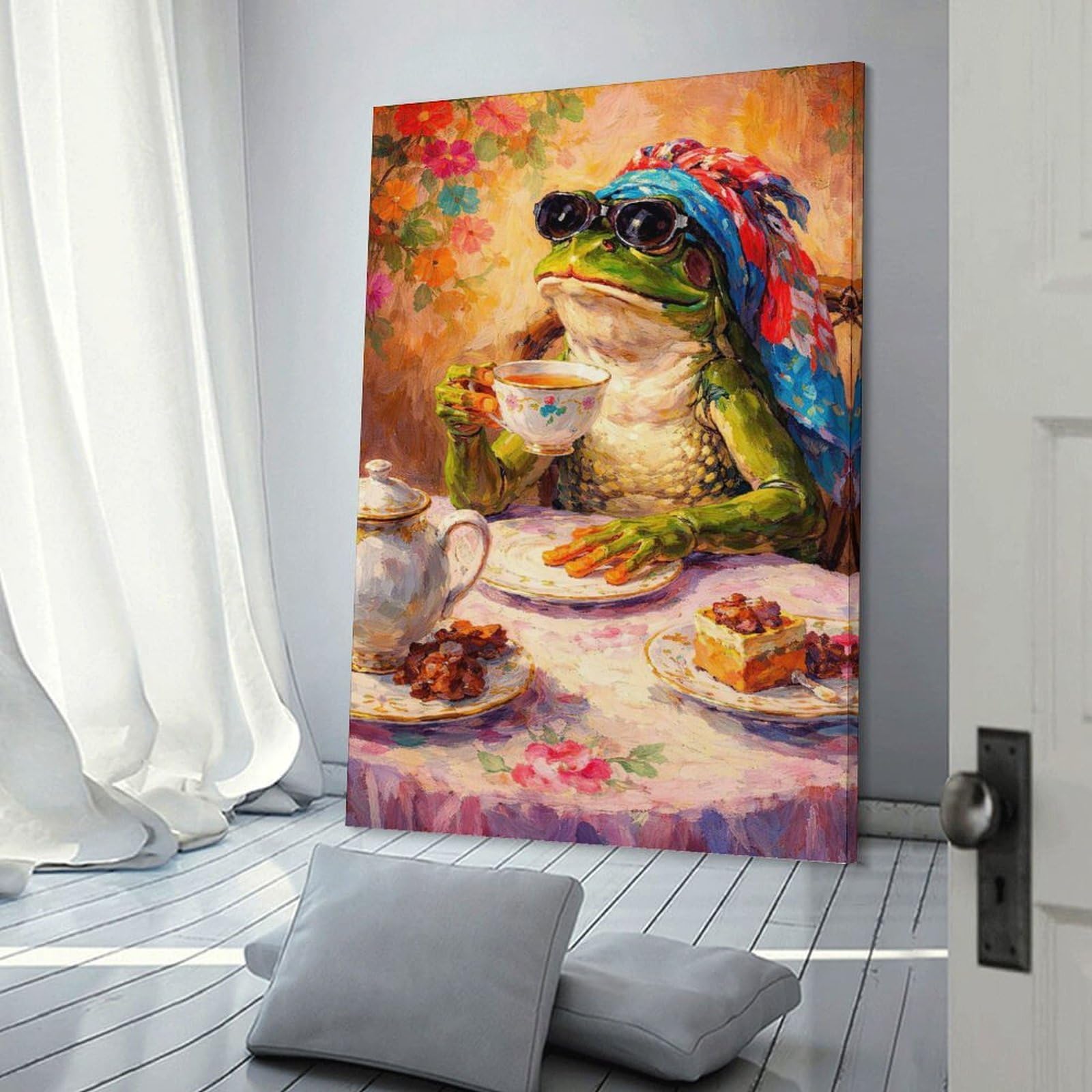 Junmoney Frog Enjoying Tea with Cake Home Decor Wall Art, 20x30inch(50x75cm), for Home Walls, Creative Rooms Or Shared Spaces, An Adaptable Decor Piece for Home Use
