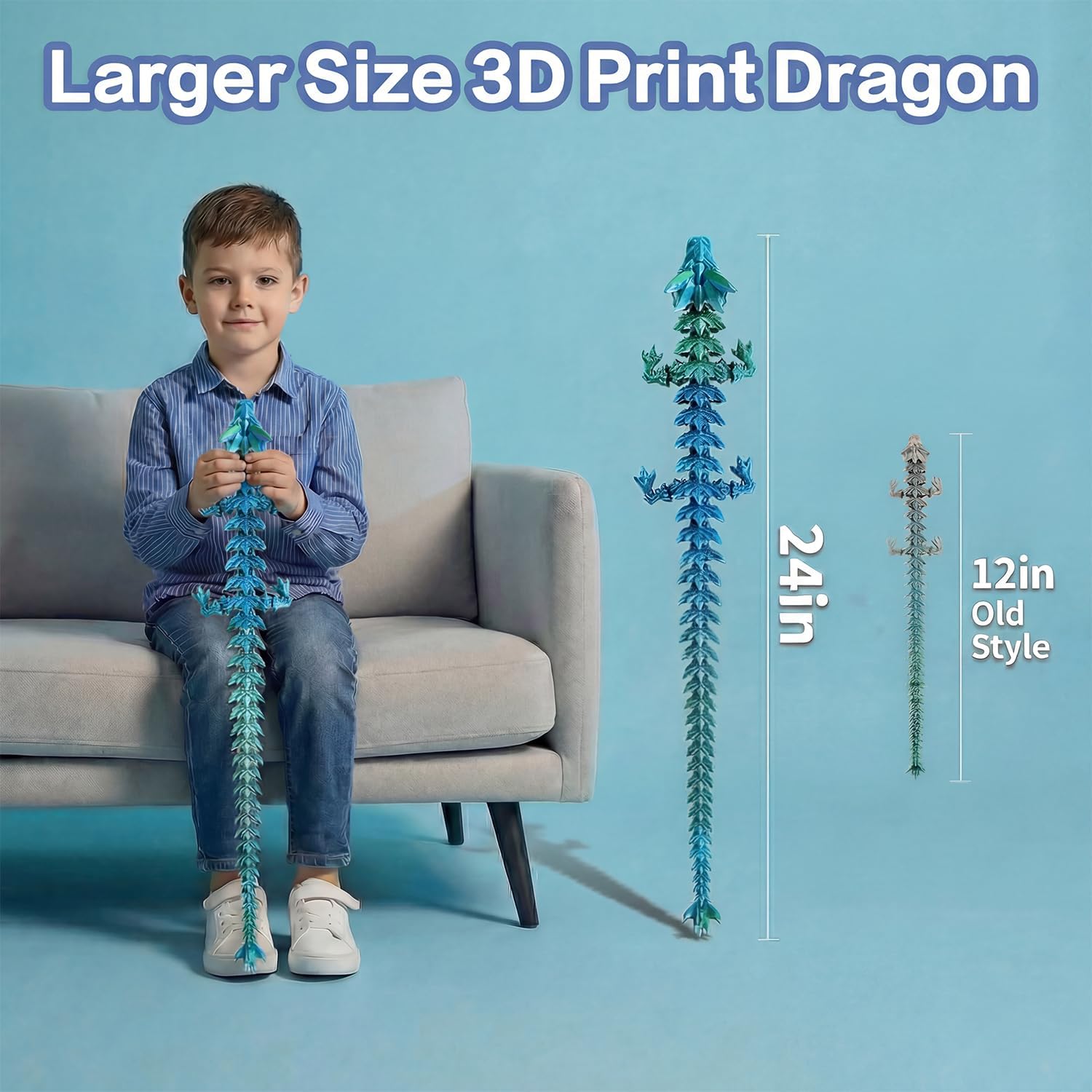 24" Large 3D Printed Dragon: Giant Flexible Articulated Fidget Animals Toy- Big 4D Crystal Dragon for Home Office Desk Decor, Cool Toy for Adults & Kids, Unique Dragon Collectible Gift