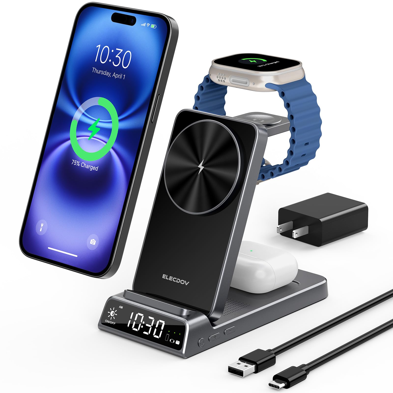 Bezprzewodowa ładowarka do Apple, magnetyczna stacja ładująca 3 w 1 z zegarem, składany podróżny bezprzewodowy stojak ładujący do iPhone 17/17 Pro/17 Pro Max/16/15, ładowarka do zegarka iWatch 10