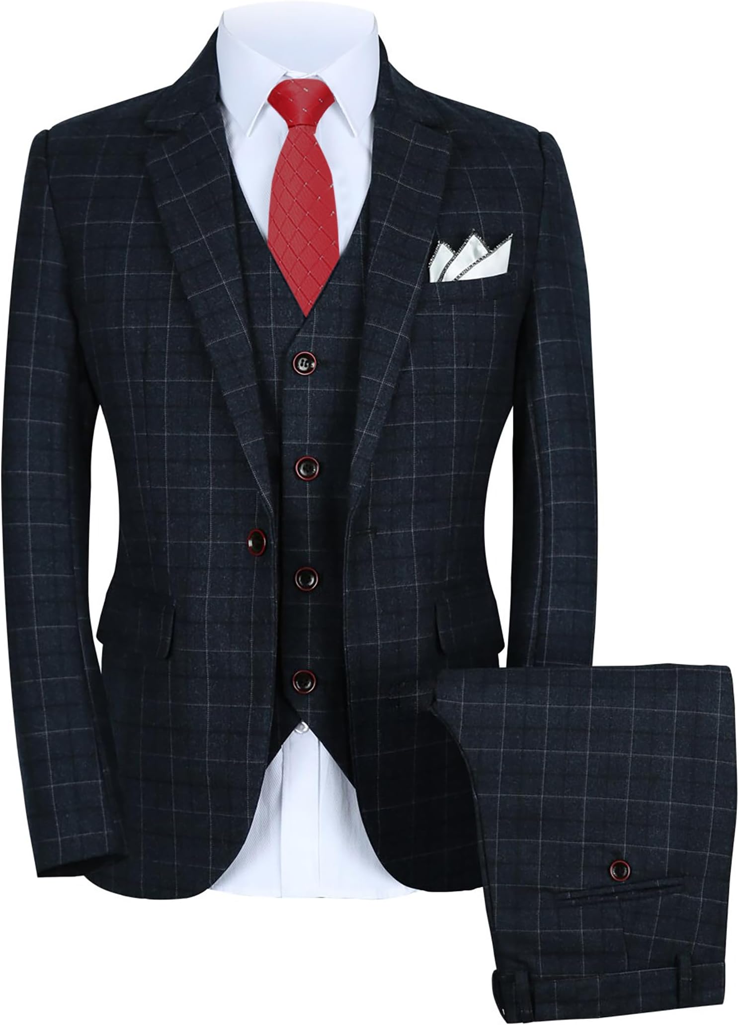 Mens 3-Piece Slim Fit Plaid Suit - Blazer, Vest, and Pants Set for Wedding, Party, and Business