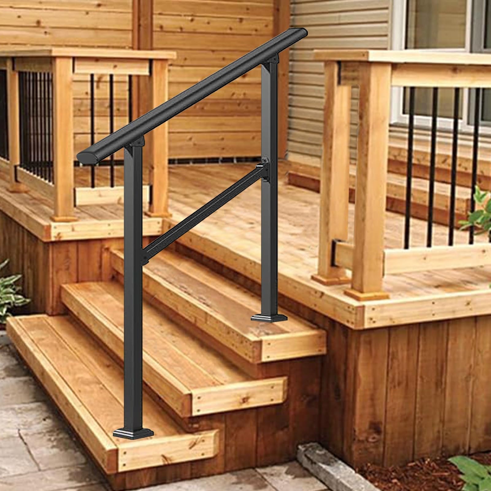 Jksyff A Modern Hand Rails For Outdoor Steps, Djustable Galvanized Steel Stair Guardrail With Installation Kit, Floor Mounted Transitional Railing For Home Porch Deck(,80Cm/32Inch)