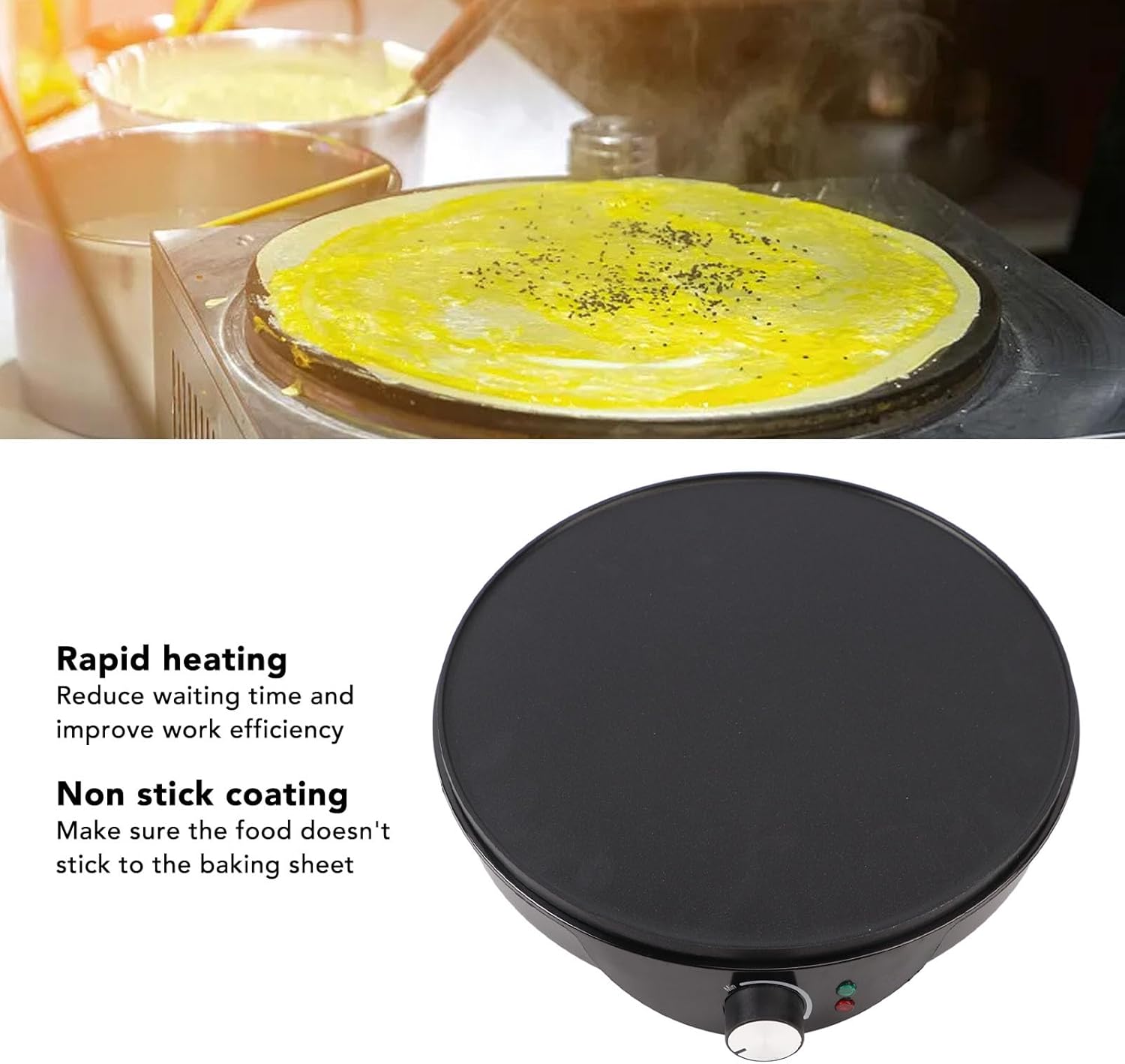 Griddle Crepe Maker with Batter Spreader Electric Crepe Pan Wooden Spatula US Plug Non Stick 12in Crepe Maker for Kitchen Cooking