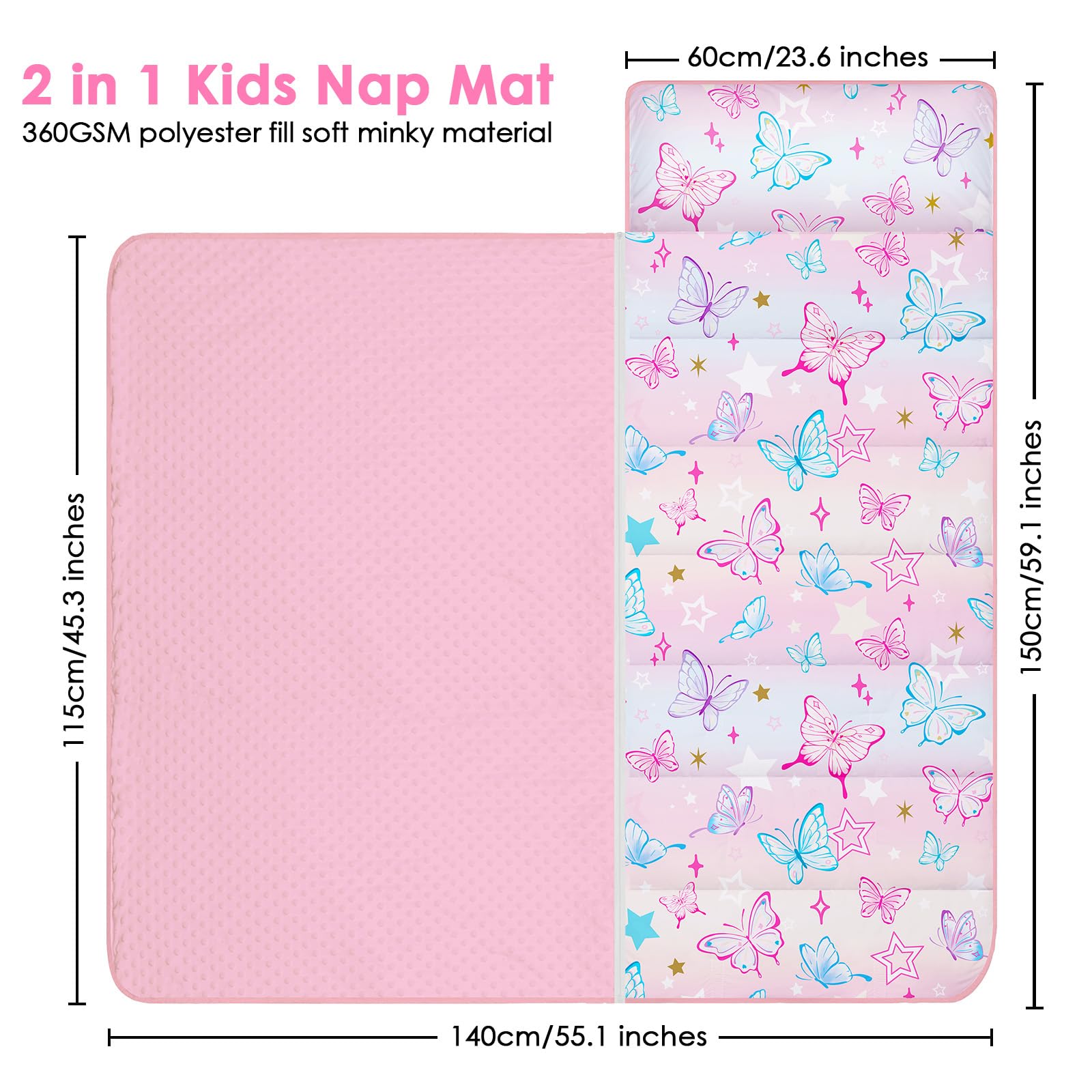 Decalsweet Nap Mat per Bambini con Cuscino e Coperta Rimovibili, Grande Extra Spesso 2 in 1 Sacco a Pelo Pieghevole per Ragazze Ragazzi, Leggero e Morbido Nap Mats per Asilo Nido e Campeggio