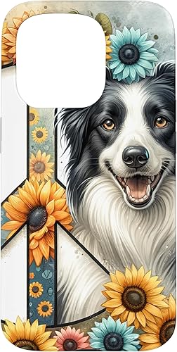 Funda estética para iPhone 15 Pro Peace Sunflower Border Collie con acuarela vibrante Funda estética para iPhone 15 Pro Peace Sunflower Border Collie con acuarela vibrante