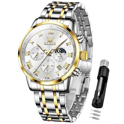 OLEVS Watch for Men Original Analog Quartz Chronograph Luxury Dress Stainless Steel Chain Waterproof Luminous Mens Wrist Watch Date