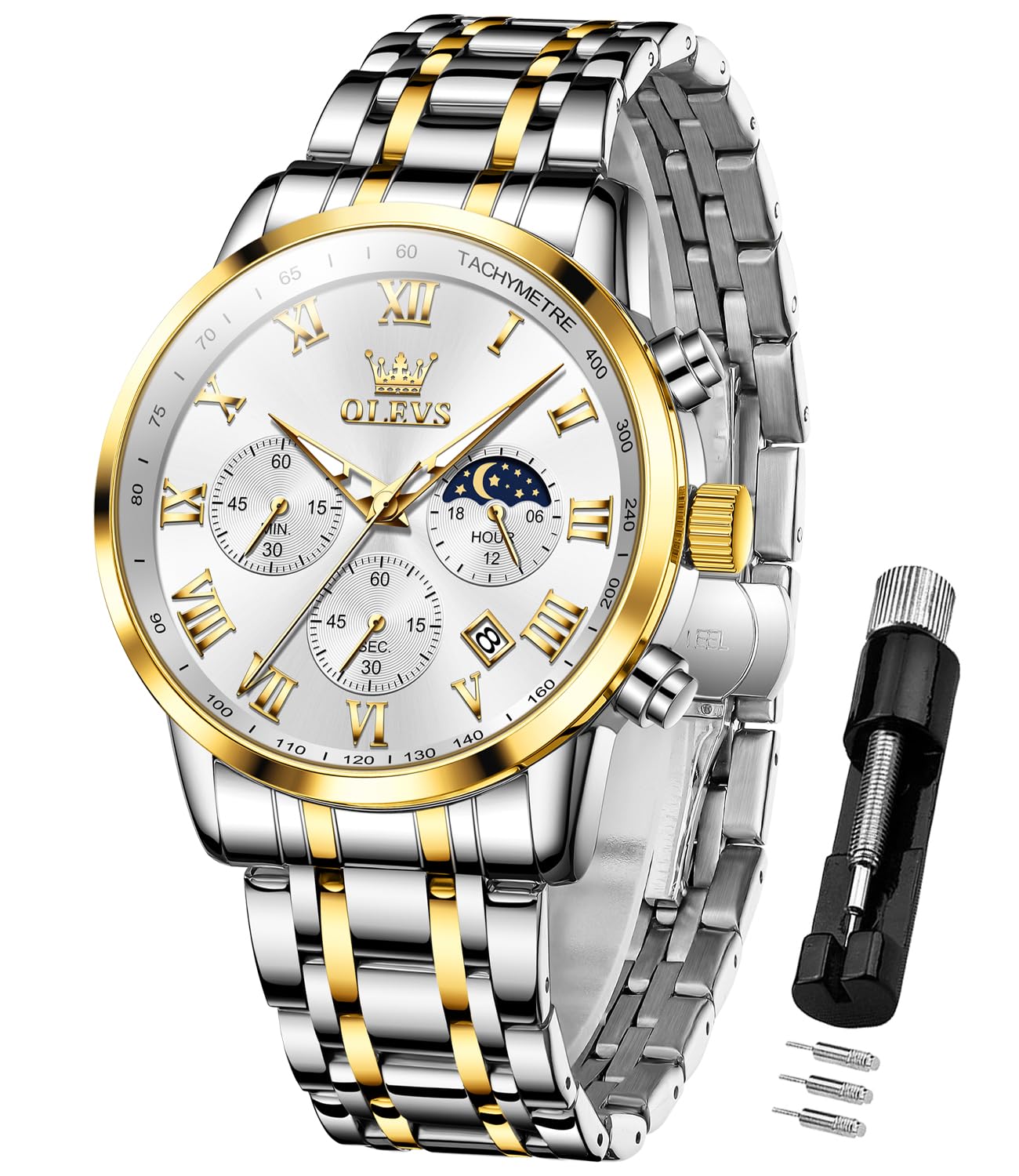 olevs Watch for Men Original Analog Quartz Chronograph Luxury Dress Stainless Steel Chain Waterproof Luminous Mens Wrist Watch Date-picture-55