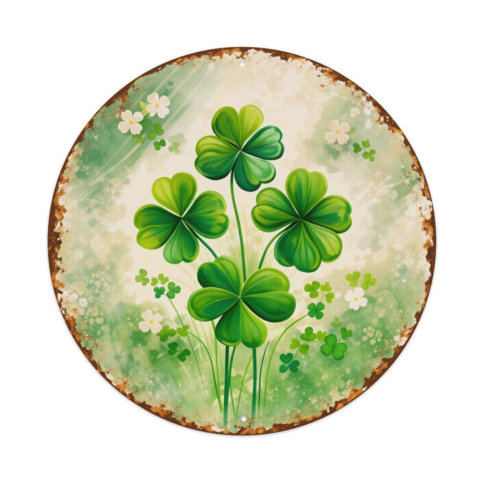 Four Leaf Clover Pattern Round Tin Sign Vintage Metal Poster, Home Bar Garage Man Cave Cafe Indoor & Outdoor Wall Decoration 8x8Inches