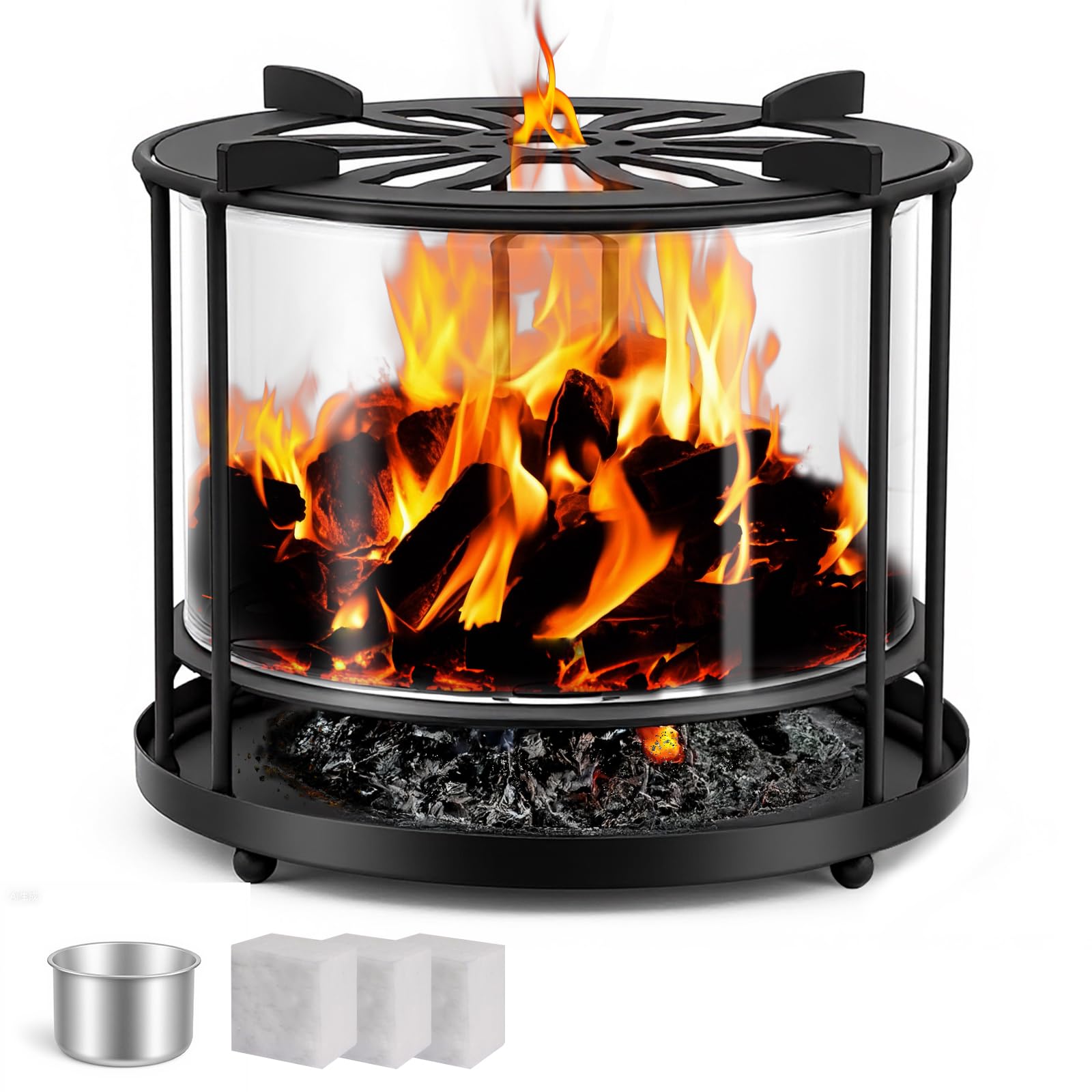 Edelstahl Feuerstelle mit Glaswindschutz, Feuerschale - Feuerkorb Indoor & Outdoor, Anwendbar Holz & Kohle etc. 16 * 16 * 15cm