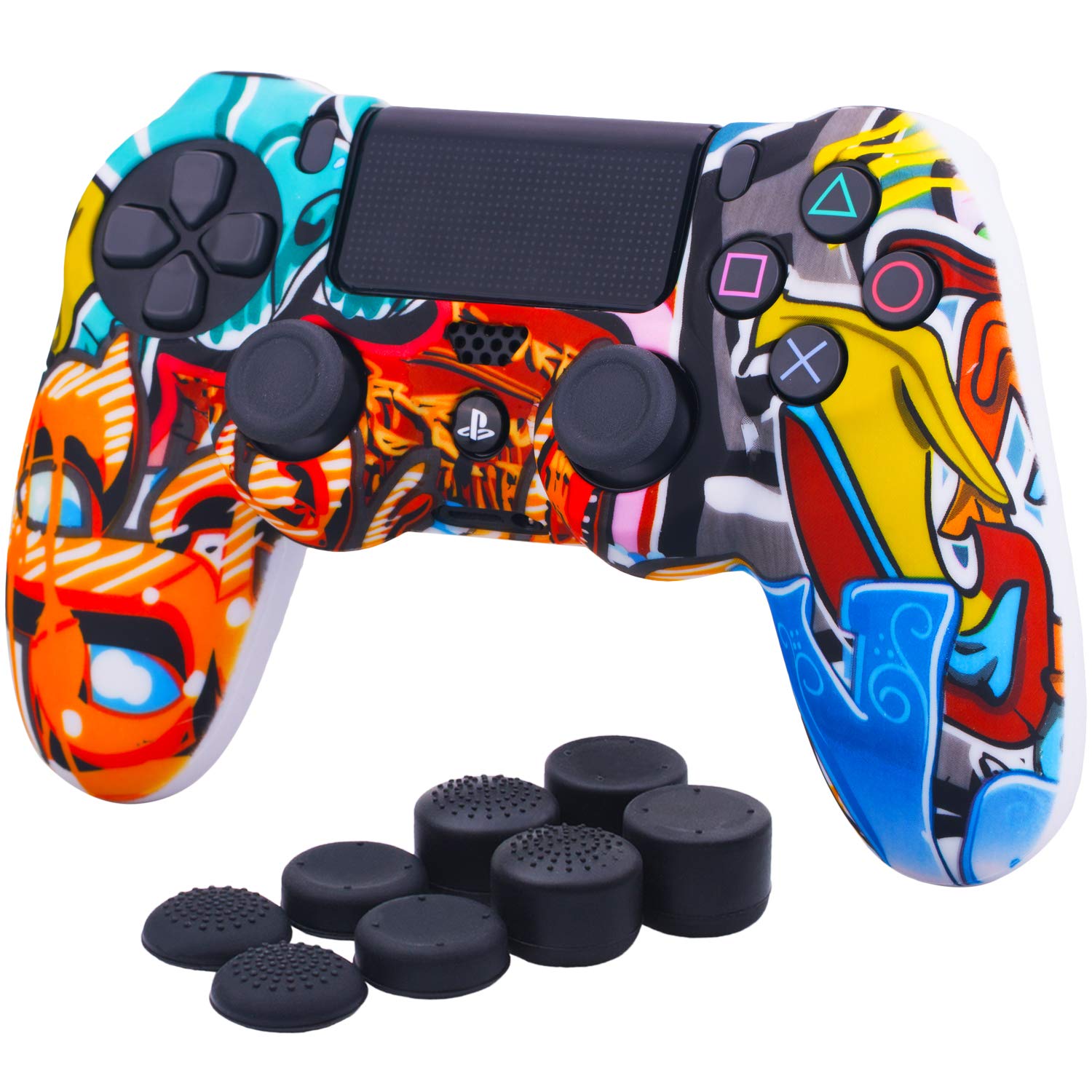 YoRHa Water Transfer Printing Camouflage Silicone Cover Skin Case for PS4/slim/Pro Controller x 1(Skull Graffiti) With Pro thumb grips x 8 — view 13