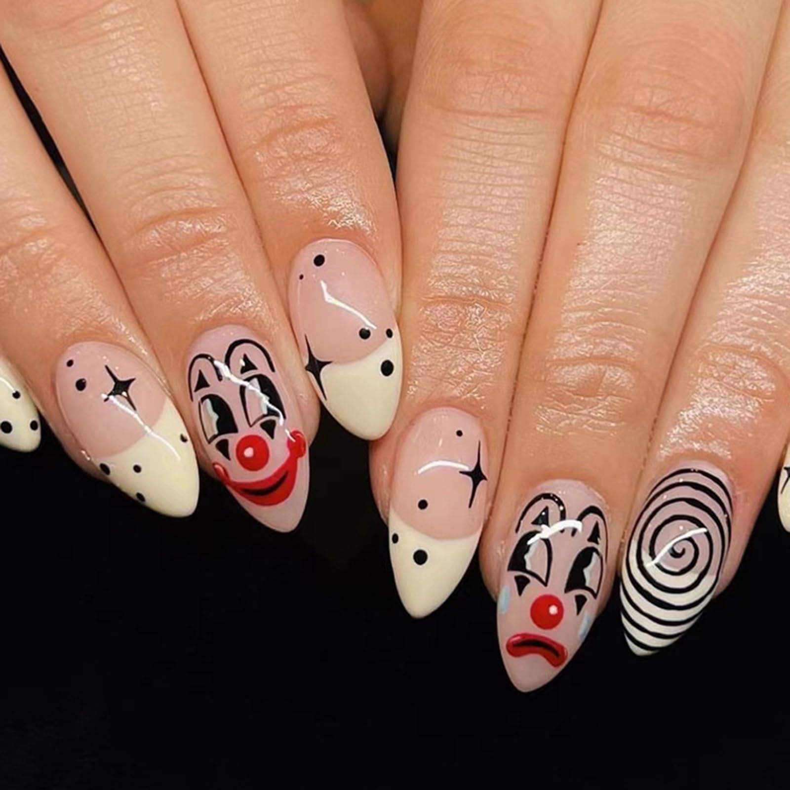 Halloween Press on Nails French Fake Nails Yellow False Nails with Star Swirl Design Clown Face Acrylic Nails Medium Stick on Nails Full Cover Almond Glue on Nails Cute Artificial Nails for Women