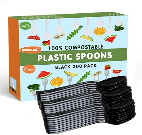 Paquete de 100 cucharas negras cubiertos de plástico desechables utensilios de cocina compostable picnic oficina hogar caja de cubiertos a granel