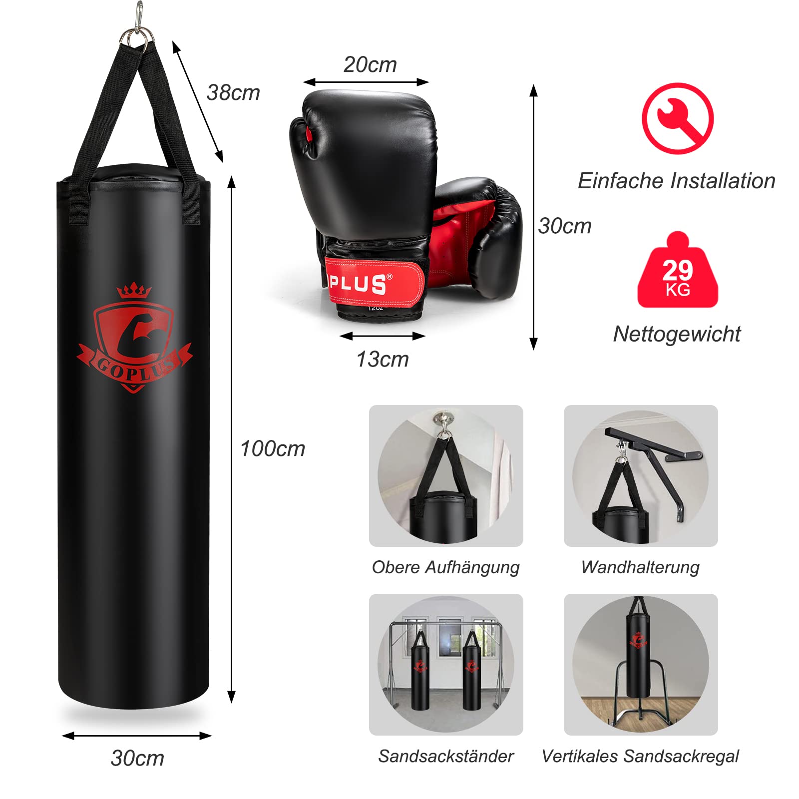 GOPLUS Boxsack-Set, Box-Set mit Boxhandschuhen, Reißverschluss, Bandagen, Aufhängungshaken, Mehrere Montageoptionen, Punchingsäcke für Muay Thai, Kickboxen, Kampfsport, Karate & Boxen, PVC