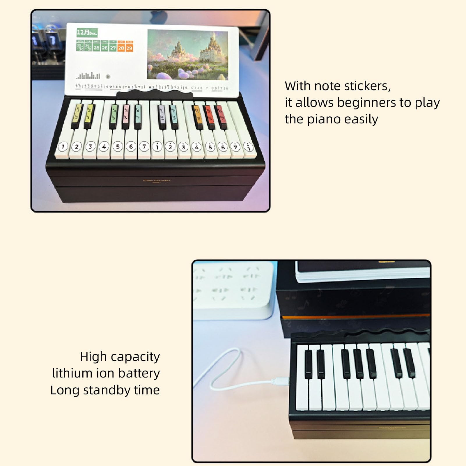 Mini Piano 2025 Kalendarz Biurka, 27 Kart 25 Keys Kalendarz Fortepianowy dla Rodziny i przyjaciół (BLACK)