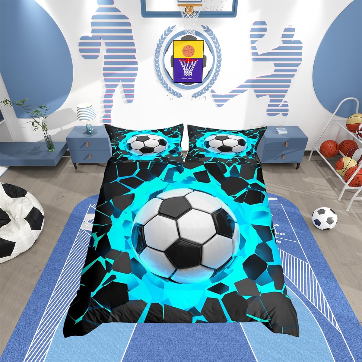Loussiesd Football Duvet Cover For Sports Theme Bedroom Boys 3D Soccer Ball Pattern Comforter Cover Kids Child Hippie Geometric Design King Bedding Set Bedspread Room Decor 3Pcs