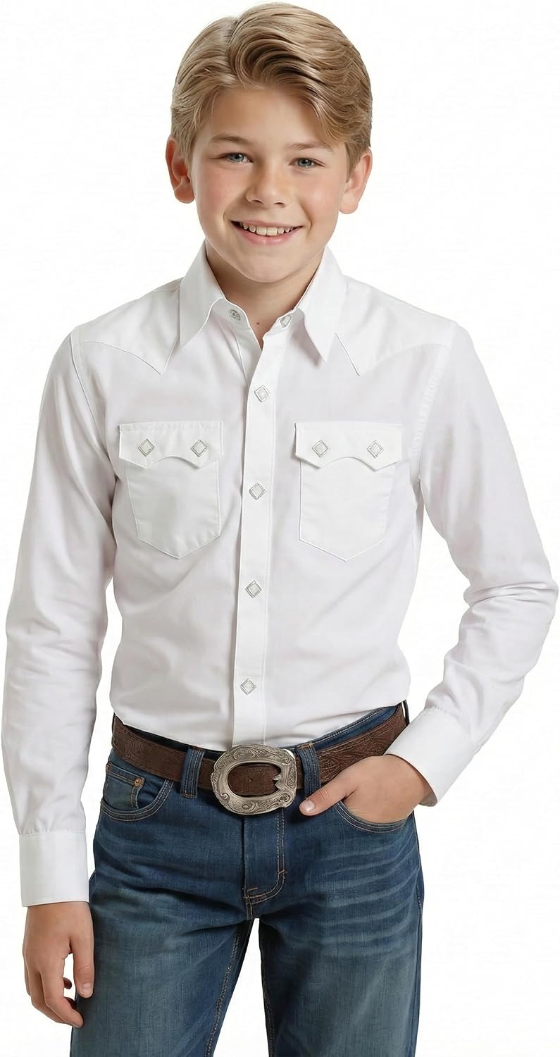 Spring&Gege Boys Western Shirt Two Pockets Button Down Shirts Long Sleeve Kids Cowboy Pearl Snap (7-14 Years)