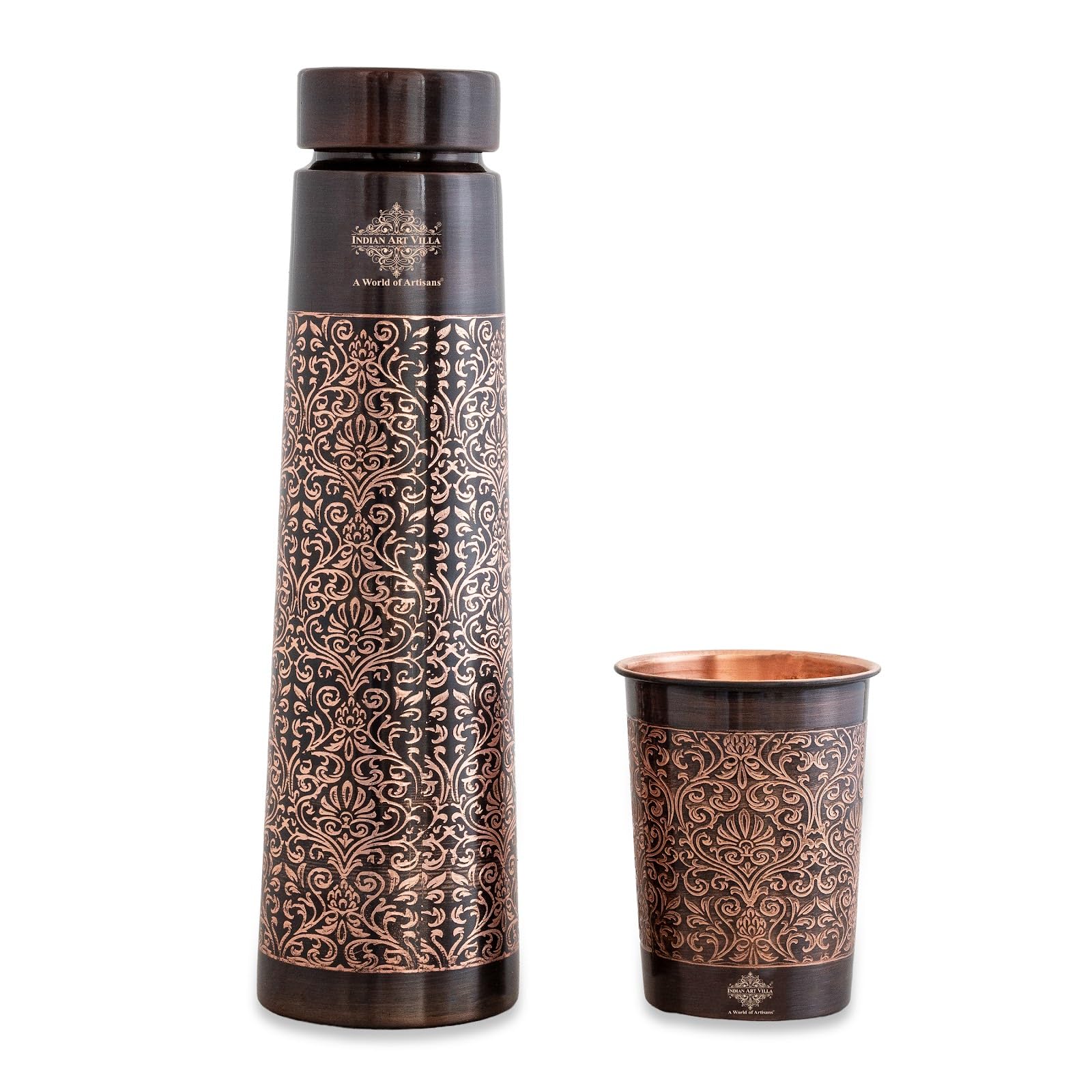 Indian Art Villa Copper Bottle and Glass Set Antique Dark Finish with Embossed Design 27 Oz Bottle 10