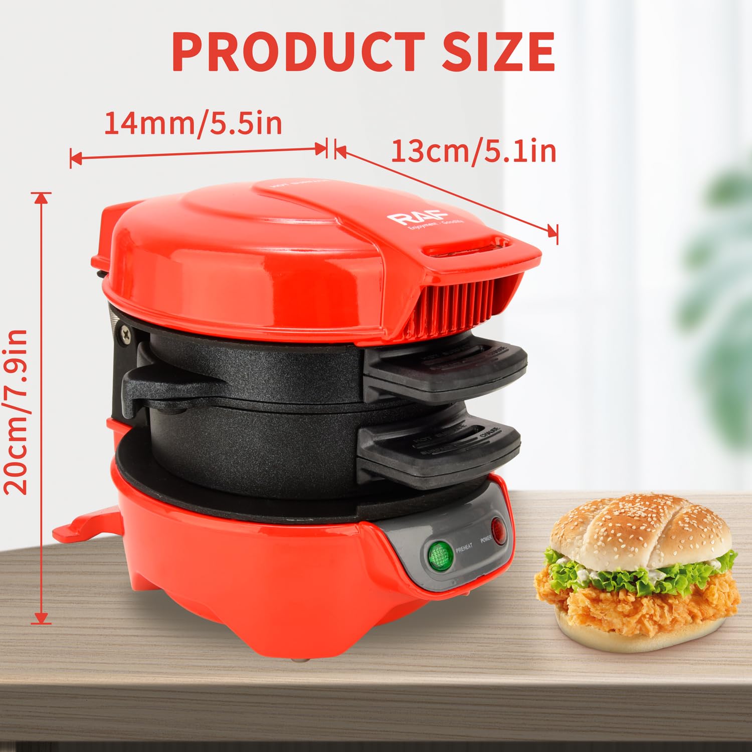 Sandwich Toaster Burger Maker, con anelli per uova e timer, efficienti piastre riscaldanti antiaderenti con rivestimento in ceramica antiaderente, perfette per hamburger, etc (Rosso)