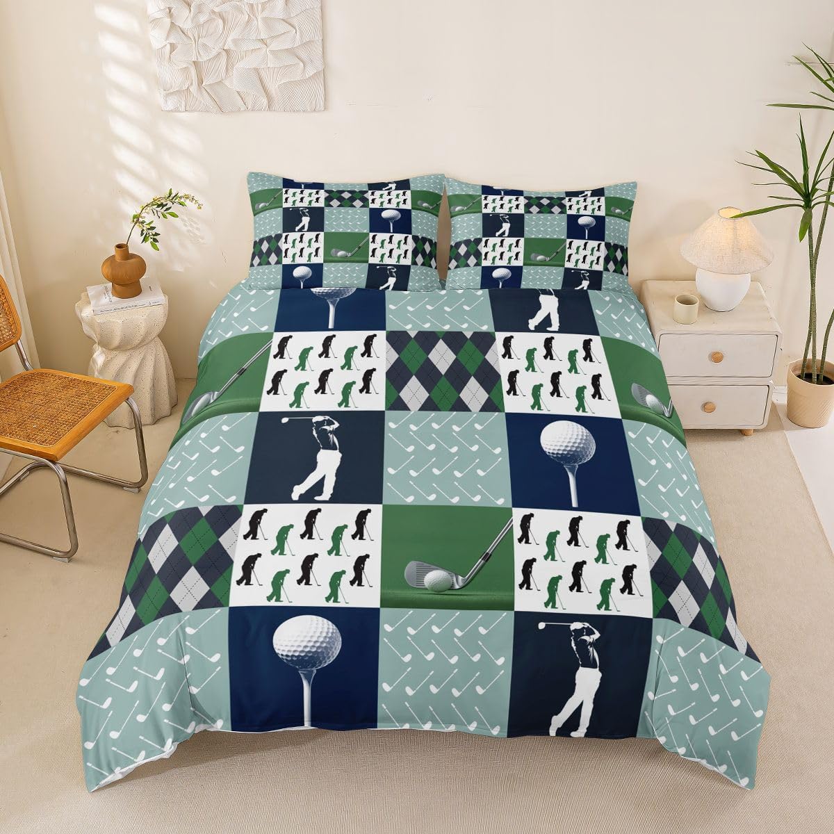Homewish Golf Duvet Cover Set Full Size Geometric Patchwork Plaid Comforter Cover Modern Ball Sports Gaming Bedding Set 3pcs for Men Adults Teens Room Decor Green White Quilt Cover with 2 Pillowcases
