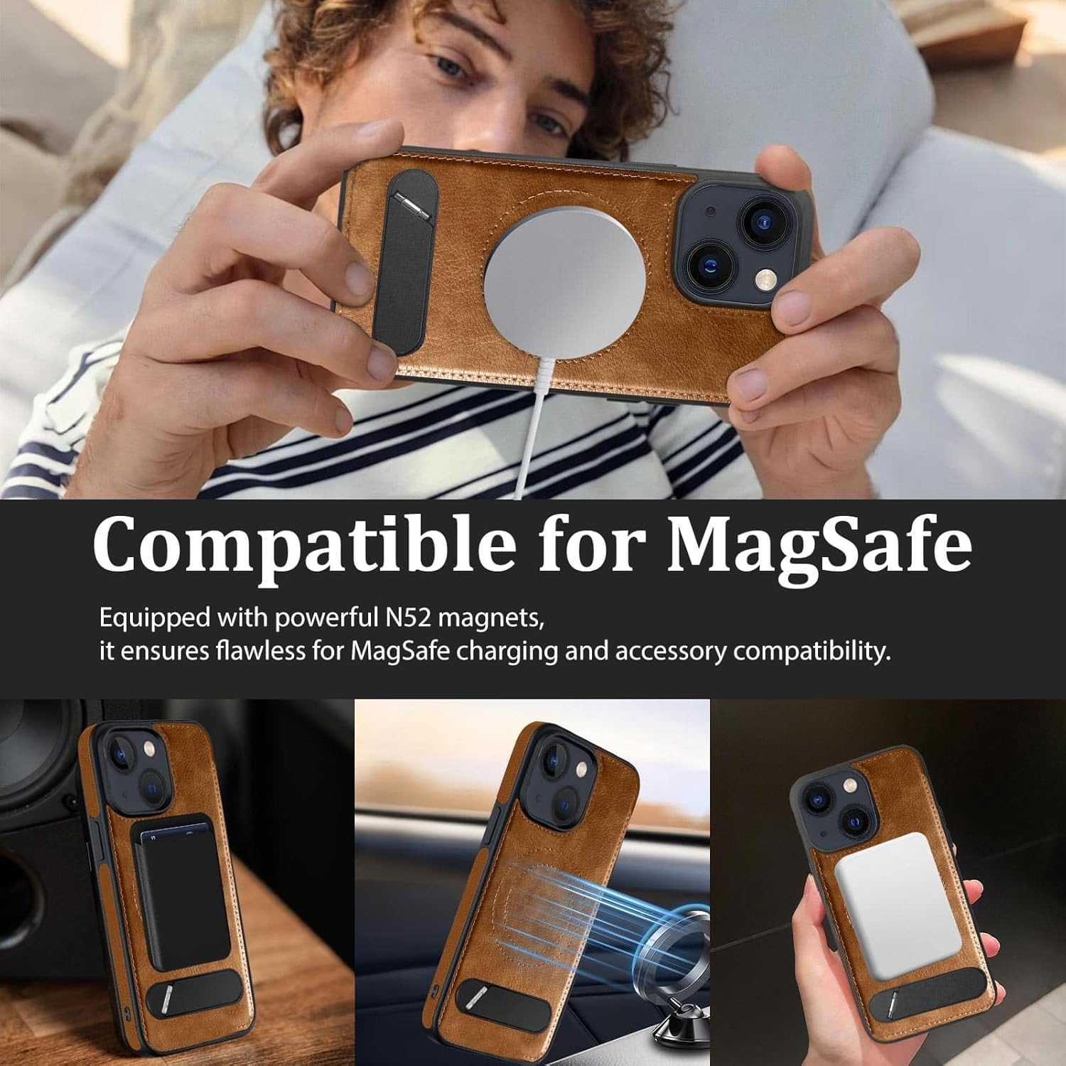 Magnetic for iPhone 14 Leather Case, for iPhone 13 Phone Case, Built-in Stand, Compatible with MagSafe, Silicone Strap, TPU Interior Protective, Shockproof Slim Cover (Brown)
