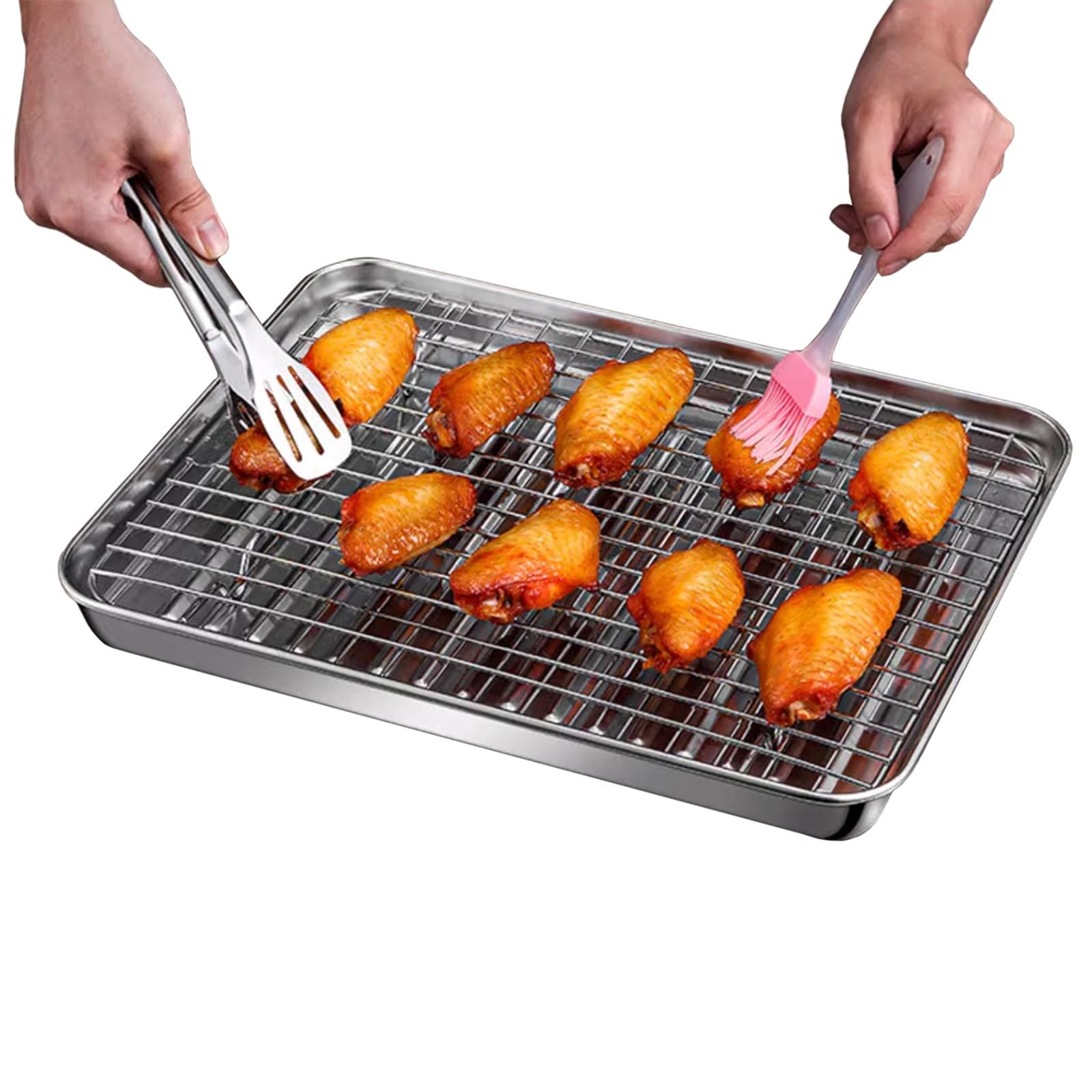 Bandeja para Hornear de Acero Inoxidable, Antiadherente, Rectangular, con Rejilla para Enfriar, Resistente al Calor, para Horno Tostador (410 x 310 mm)