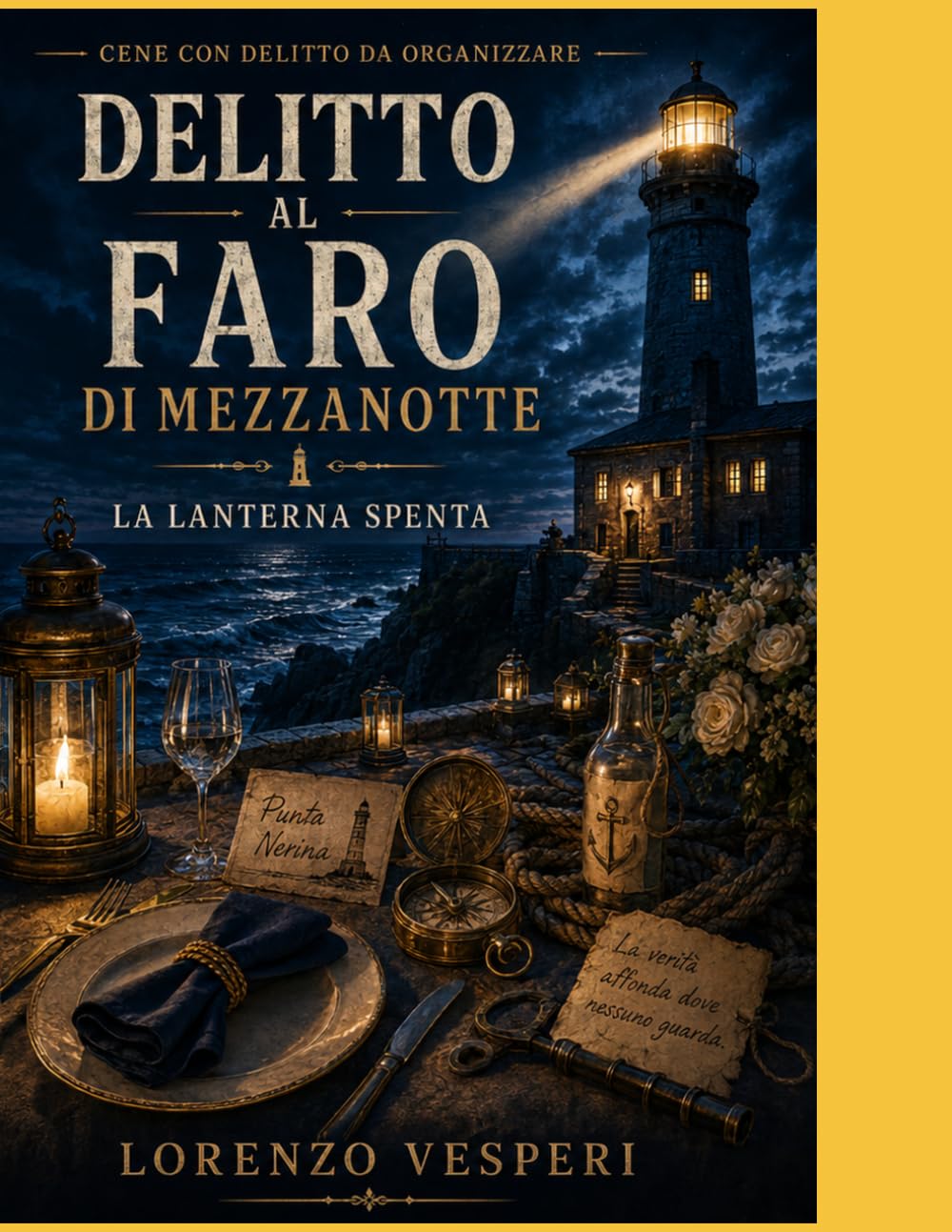 Delitto al Faro di Mezzanotte: Cena con delitto estiva con copione, indizi, menù, drink, schede ruolo e materiali stampabili