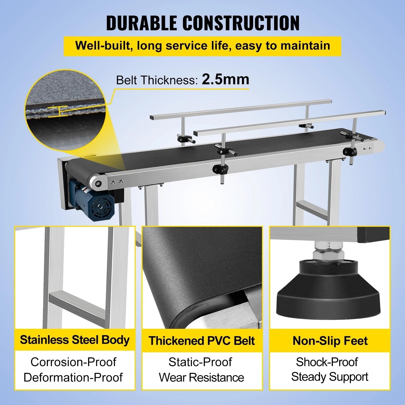 Correa Alternadora Máquina Cinta Transportadora PVC 150 Cm 59" X 78" Con Barandilla Ajustable Acero Inoxidable Para Industrial Eléctrico Automático(Single Guardrail)