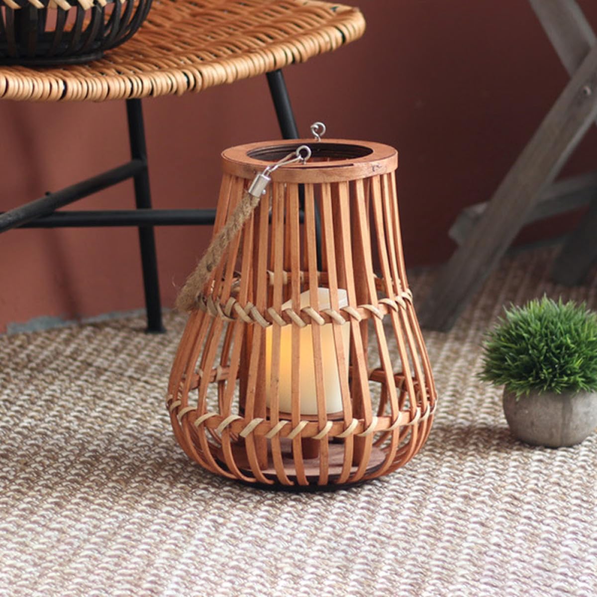 Retro Bambuslaterne mit Rattan Hohler Kerzenhalter und Tragbarem Design Laterne für Tischdeko Garten und Hochzeitsfeiern