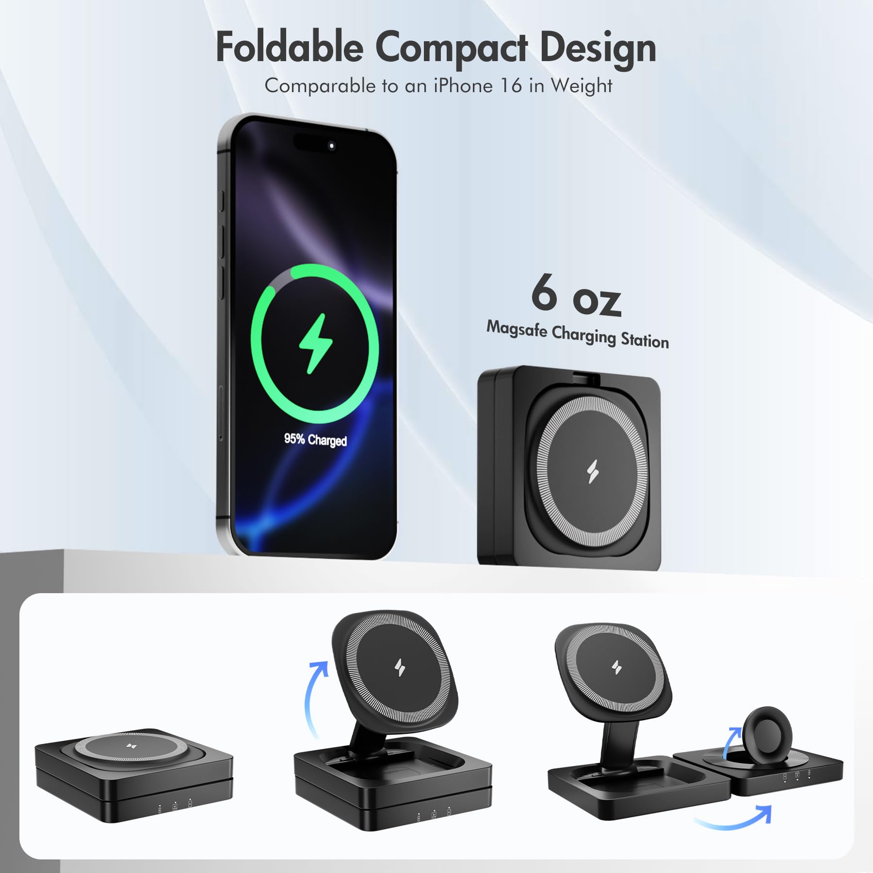 Caricabatterie magnetico wireless per iPhone: 3 in 1 per viaggi 15 W Pad di ricarica rapida pieghevole per iPhone 17 16e 16 15 14 13 12 Pro Max - per Apple Watch Ultra e AirPods Series Magnet Multiple