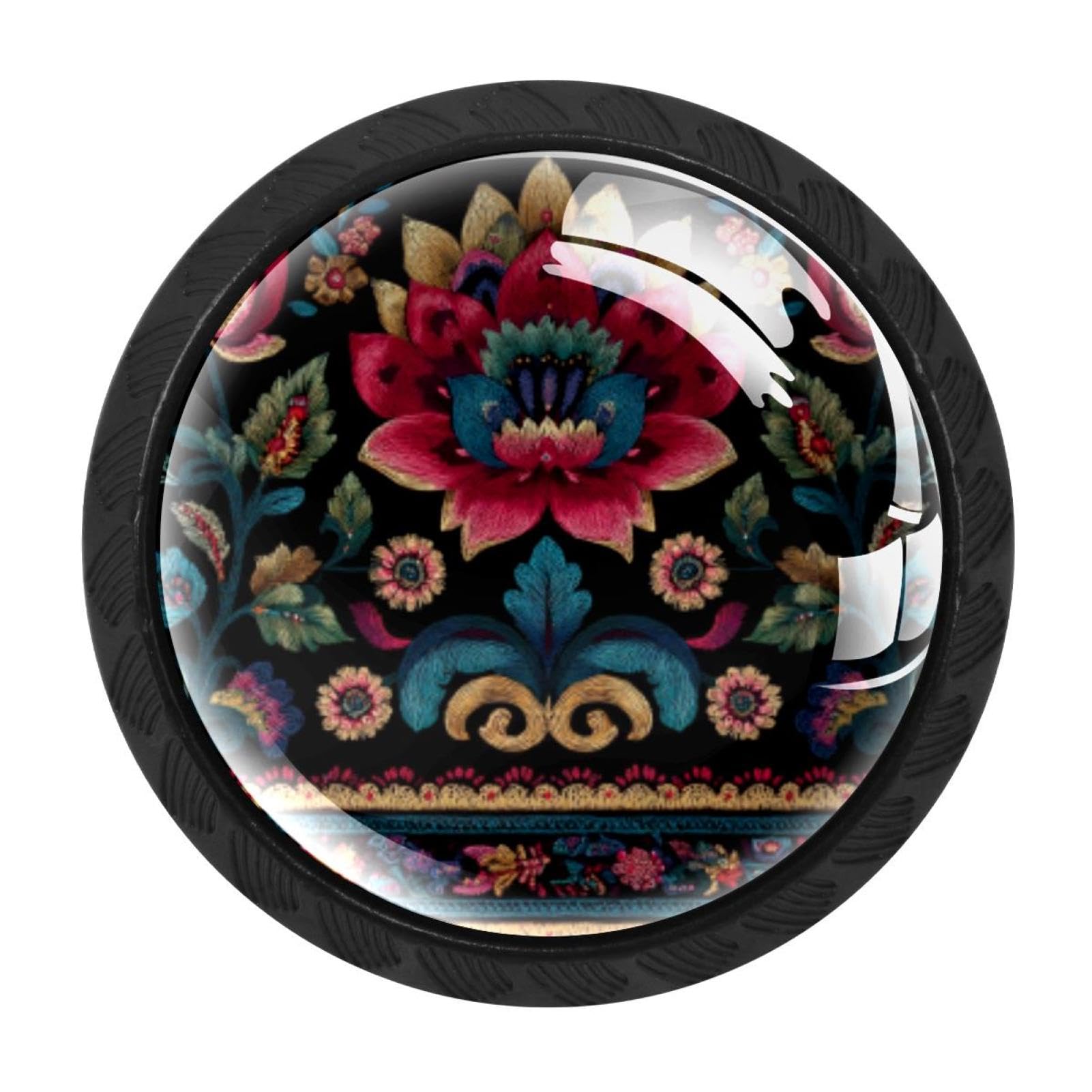 CHENZZZZ 4 Pack Black Motifs African Boho Paisley Floral (42) Drawer Knobs, Cabinet Knobs Round Glass Knobs for Kitchen Cabinet Hardware Bathroom 35MM