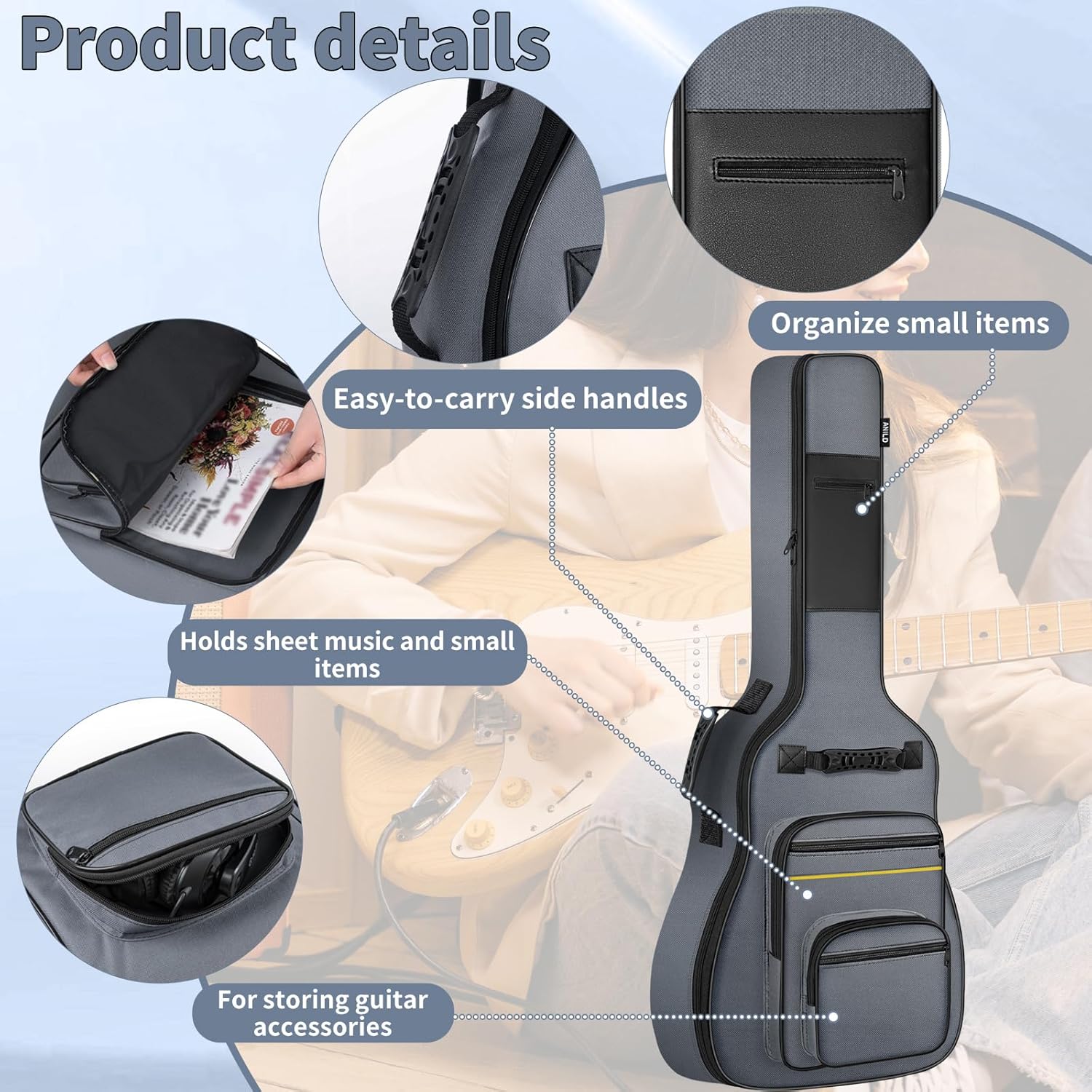 ANILD Electric Guitar Bag Electric Guitar Case Gig Backpack with Thick Padding Dual Adjustable Shoulder Strap Back Hanger Loop Anti-theft Pocket