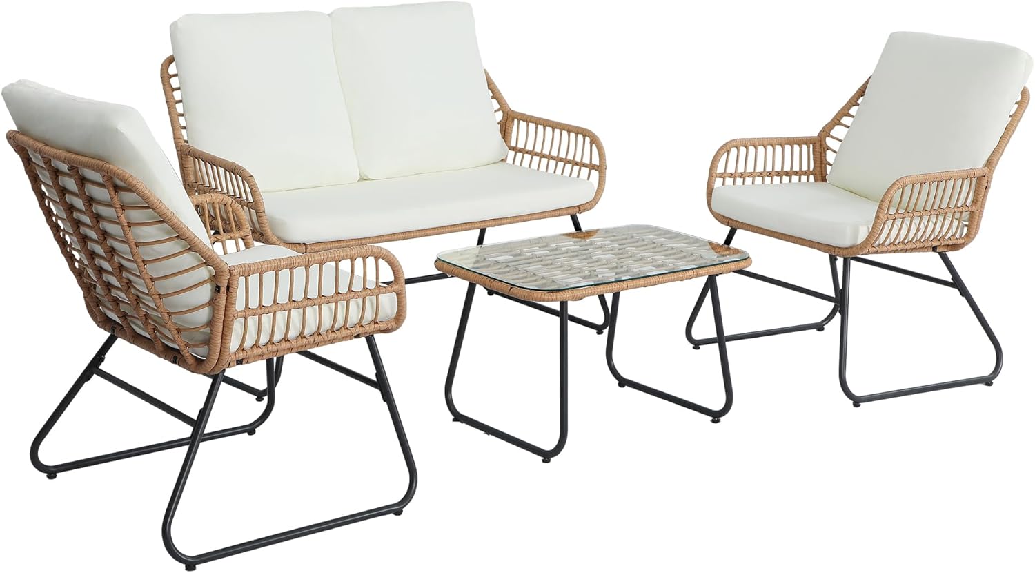 4-Piece Rattan Patio Set - All-Weather Outdoor Conversation Furniture Set Group with Tempered Glass Table & Quick-Dry Cushions for Graden, Porch, Balcony (Apartment Size, Handwoven Rattan)