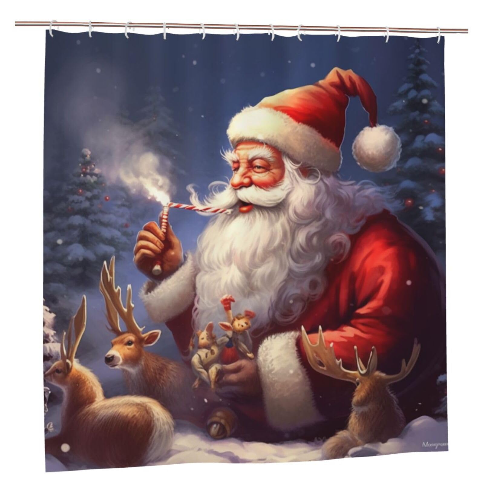 BWWHCCTI Santa Claus print Printed Shower Curtain With 12 Plastic Hooks Opaque Quick Drying Waterproof Shower Curtains Sets For Bathroom 183x183 CM