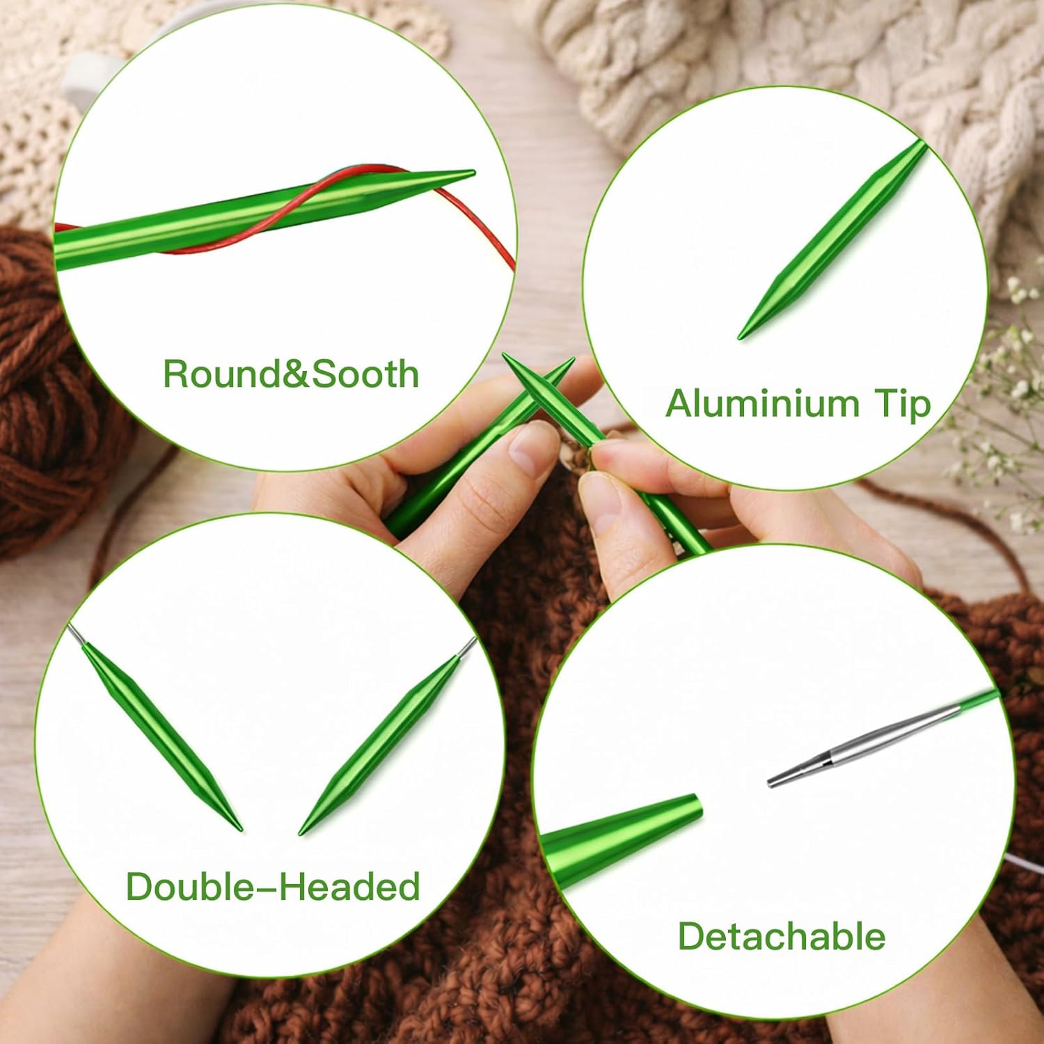Persevere Interchangeable Knitting Needles Set, 13 Pairs Aluminum Tips 3-10 mm with 4 Cables & Case, Smooth Joints, for Beginner & Advanced Knitters, DIY Crafts, Green