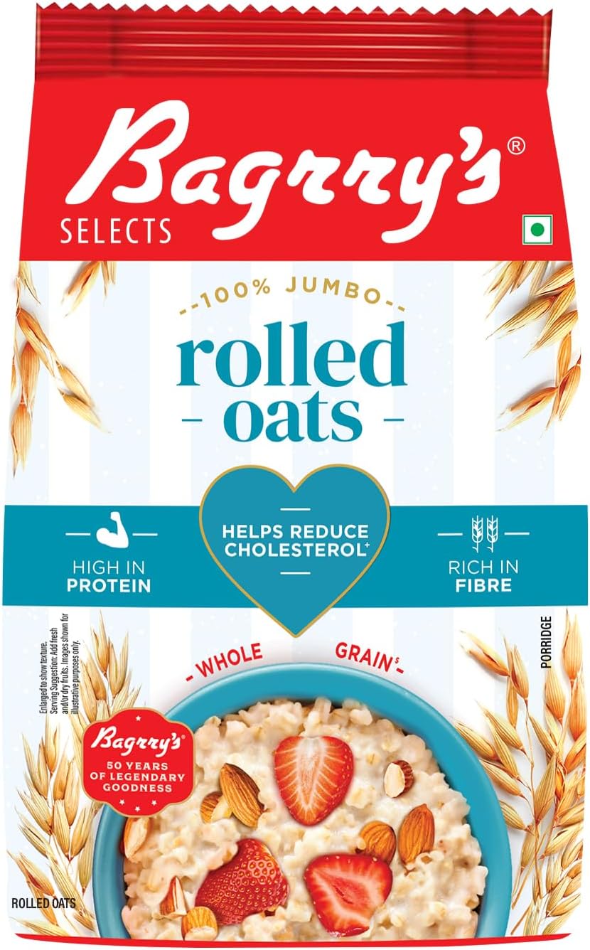 - Bagrry’s 100% Jumbo Rolled Oats 1kg | Prebiotic, Whole Grain, High Fibre & Protein Breakfast Cereal | Non-GMO Oats | No Added Sugar & Preservatives | Perfect or Weight Loss & Heart Health | Instant Oats for Breakfast