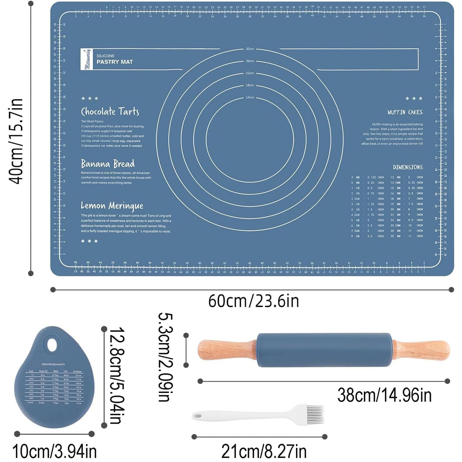 Set Combinato in Silicone E Tappetino in Silicone, 60x40 cm, Mattarello e Blu Tappetino per Impasto + Raschietti + Pennello, Spianatoia Silicone per Pasta, Pizza, Pasticcino
