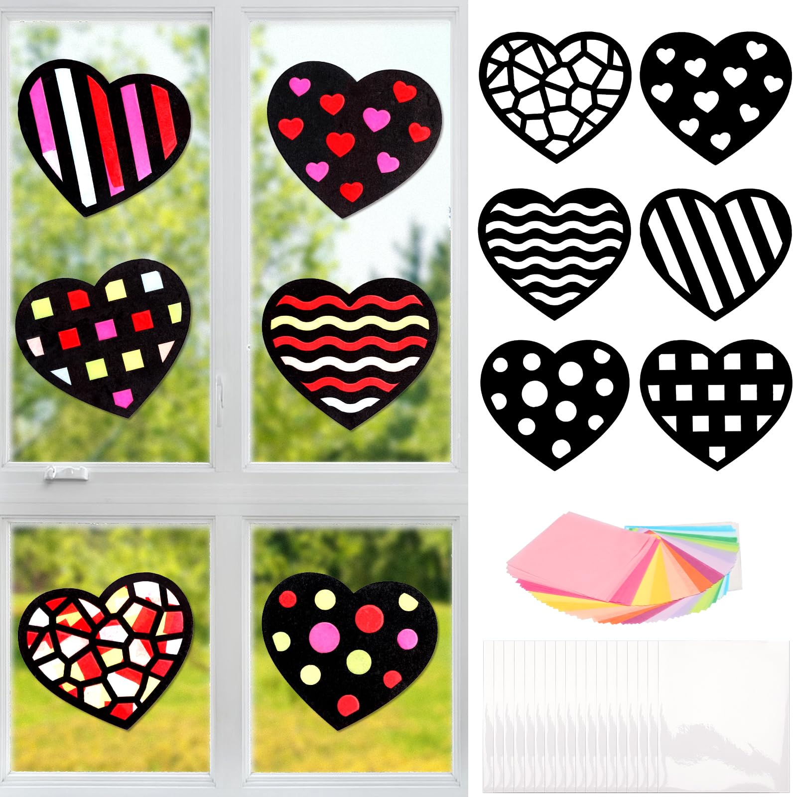 MONCAP 18pcs Valentine Heart Paper Craft Kit for Kids Heart Stained Effect Paper Suncatchers Valentine's Day Stained Glass Suncatcher Craft with Heart Pattern for Valentine Party School Classroom