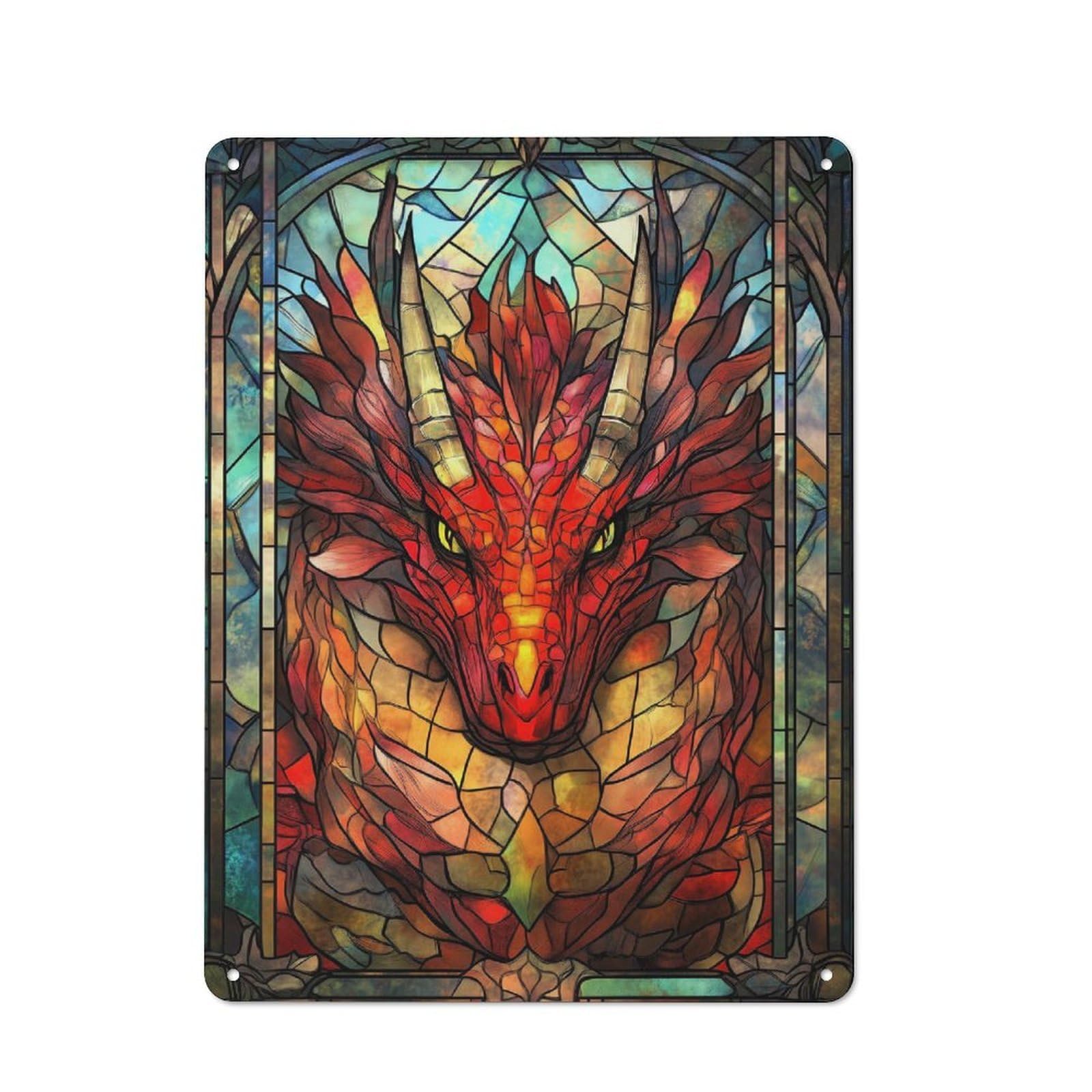 Junmoney Style-18 Dragon Stained Glass Country Vintage Metal Wall Decor 40X30cm, Country Metal Sign For Kitchen, Cottage, Porch Or Garden Room