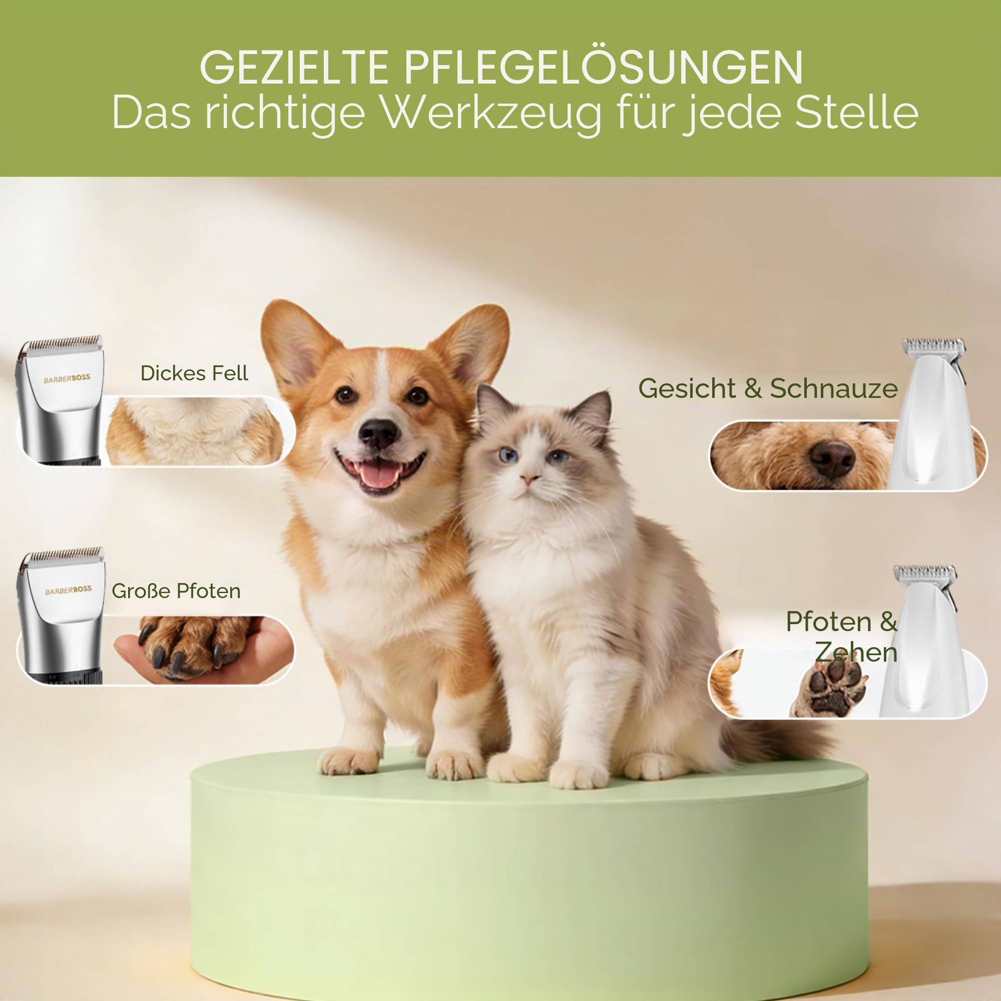 BarberBoss Kabelloser Haustier-Fellpflege-Clipper, Keramikklingen, LED-Display, schnelles Aufladen, elektrische Haustierschneidemaschine für Hunde und Katzen (Silber und Weiß) | Für Hunde und Katzen, Geräuscharm, LED-Anzeige, Wasserdicht, USB-aufladbar, K