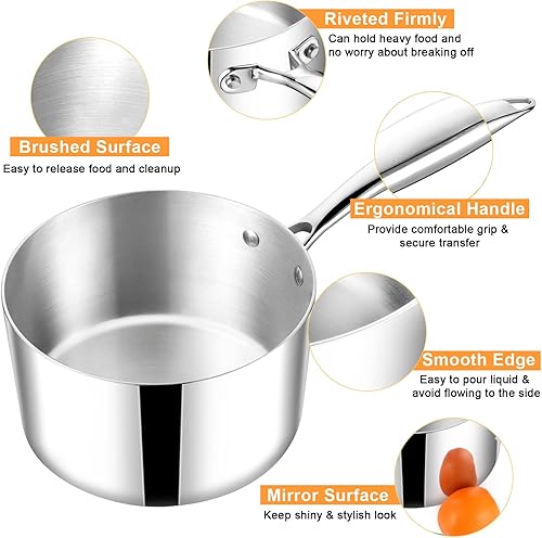Miniatura 10 de TeamFar Cacerola de 1 cuarto de galón con tapa, olla de cocina pequeña de acero inoxidable con mango ergonómico, para inducción, gas, electricidad,