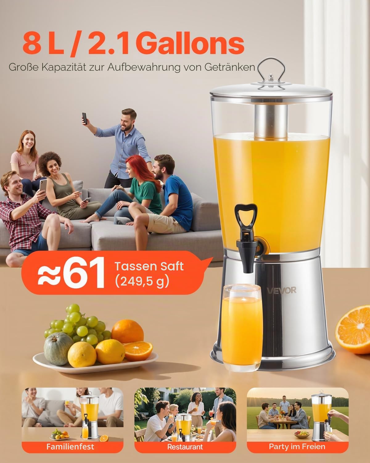 VEVOR Getränkespender (1 x 8 L) für Partys Saftspender (aus Edelstahl + Kunststoff) mit tropfsicherem Zapfhahn Wasserspender für Restaurants Partys, Limonade Eistee selbstgemachte Getränke Spender
