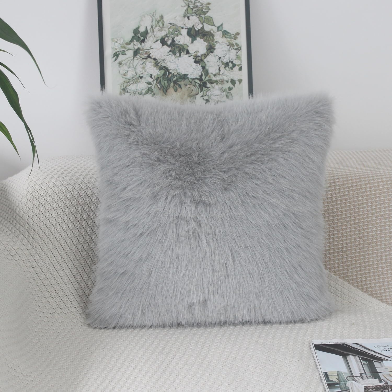 OYIMUA Gray Fluffy Throw Pillows Covers 20x20 Set of 2 Faux Fur Square Cushion Covers Decorative Pillows Cover Decor Pillow Cover Accent Neutral Couch Pillows for Living Room Bed